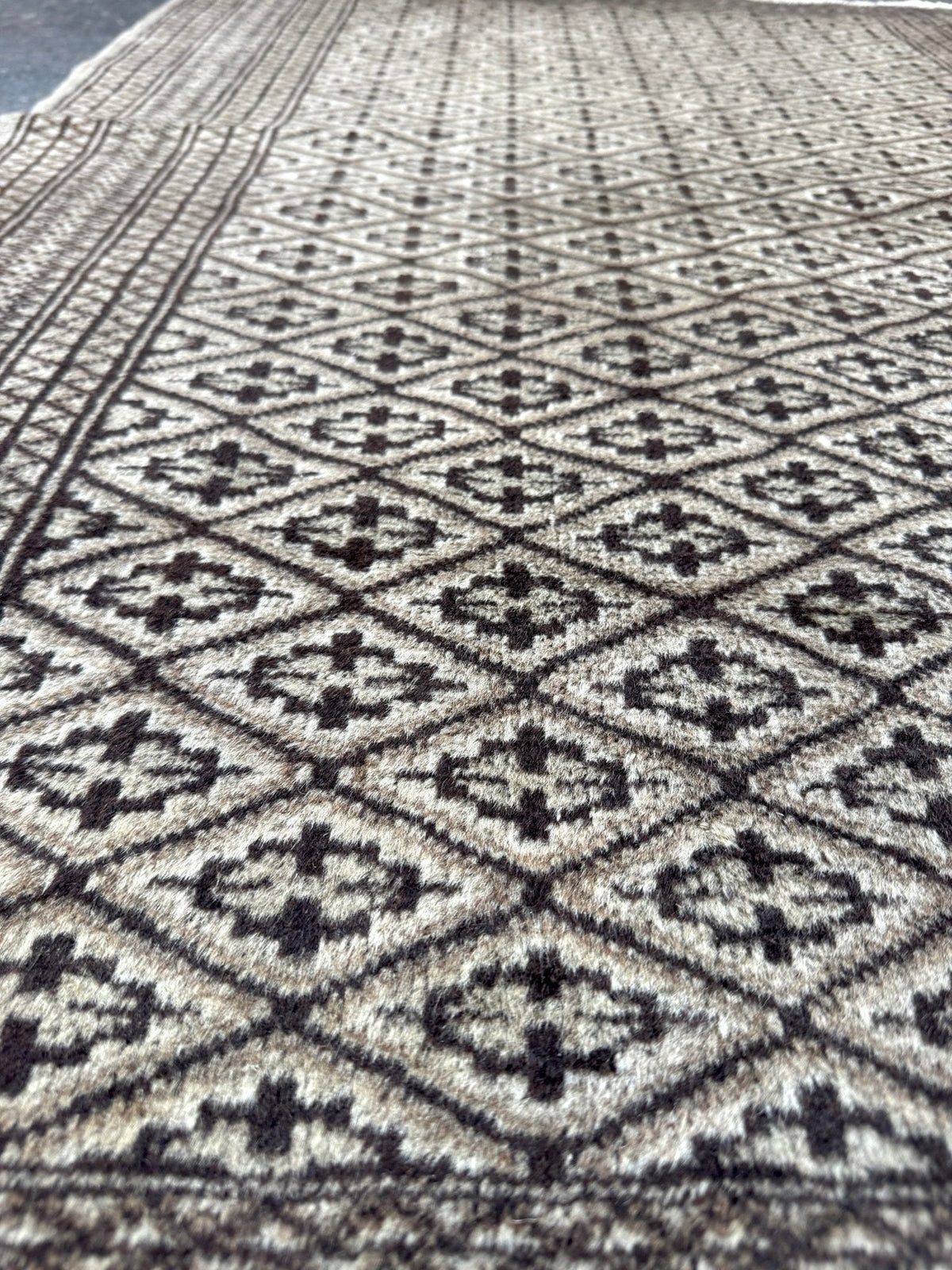 Persian Turkmen Rug — Ivory & Espresso Diamond Lattice | 3'3" × 4'5"