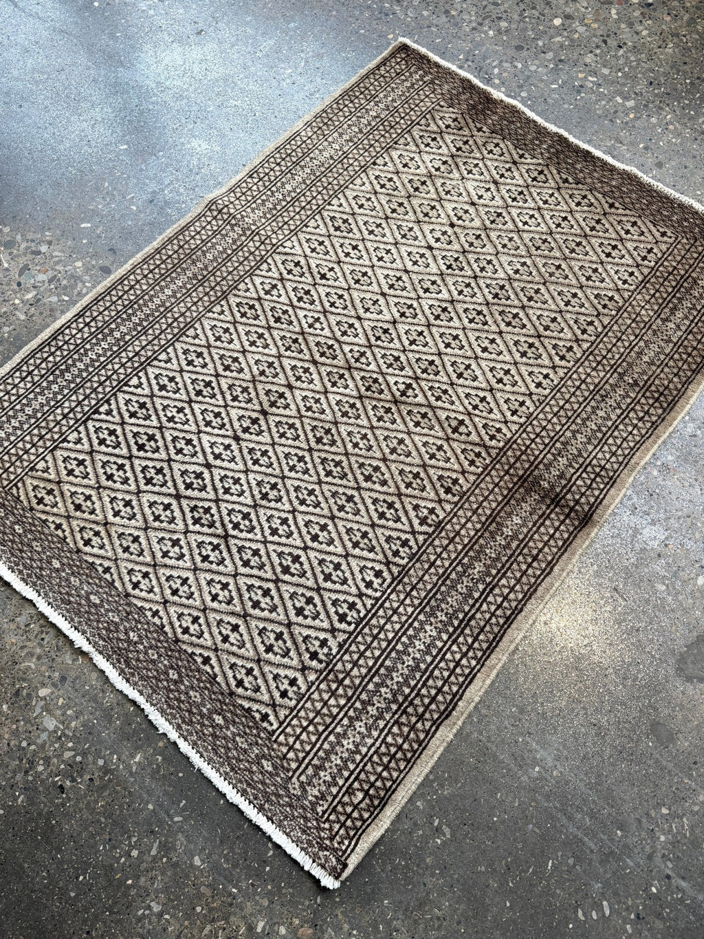 Persian Turkmen Rug — Ivory & Espresso Diamond Lattice | 3'3" × 4'5"