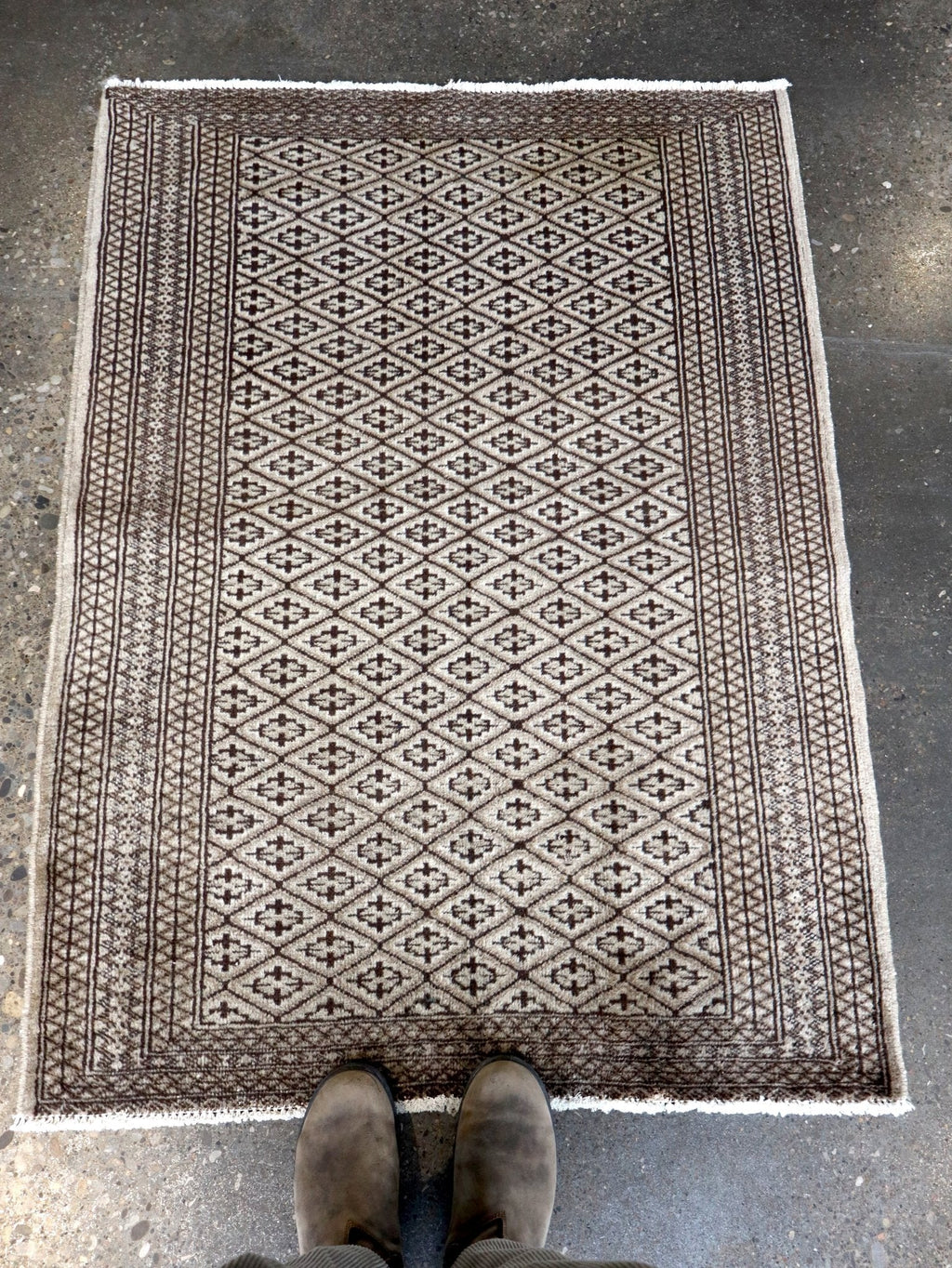 Persian Turkmen Rug — Ivory & Espresso Diamond Lattice | 3'3" × 4'5"