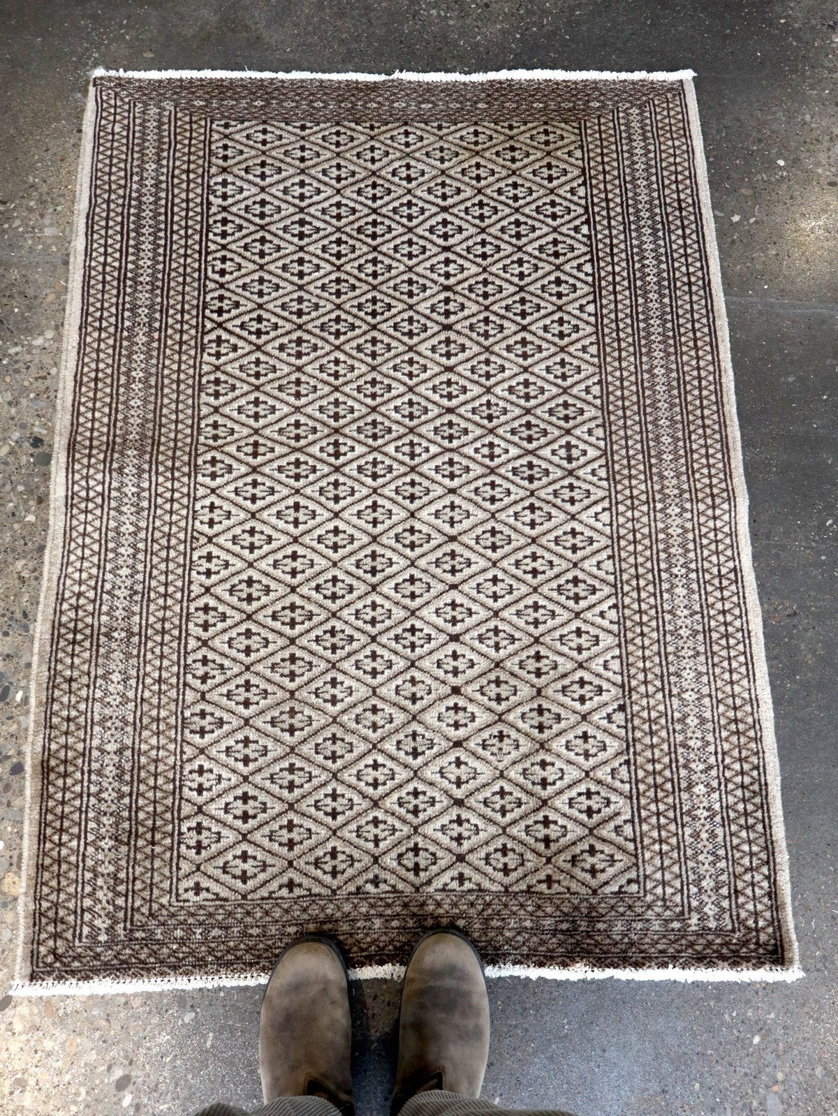 Persian Turkmen Rug — Ivory & Espresso Diamond Lattice | 3'3" × 4'5"