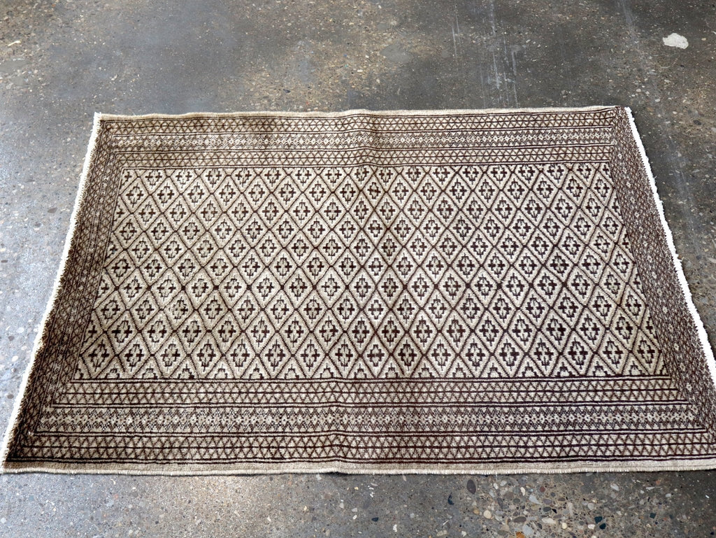 Persian Turkmen Rug — Ivory & Espresso Diamond Lattice | 3'3" × 4'5"