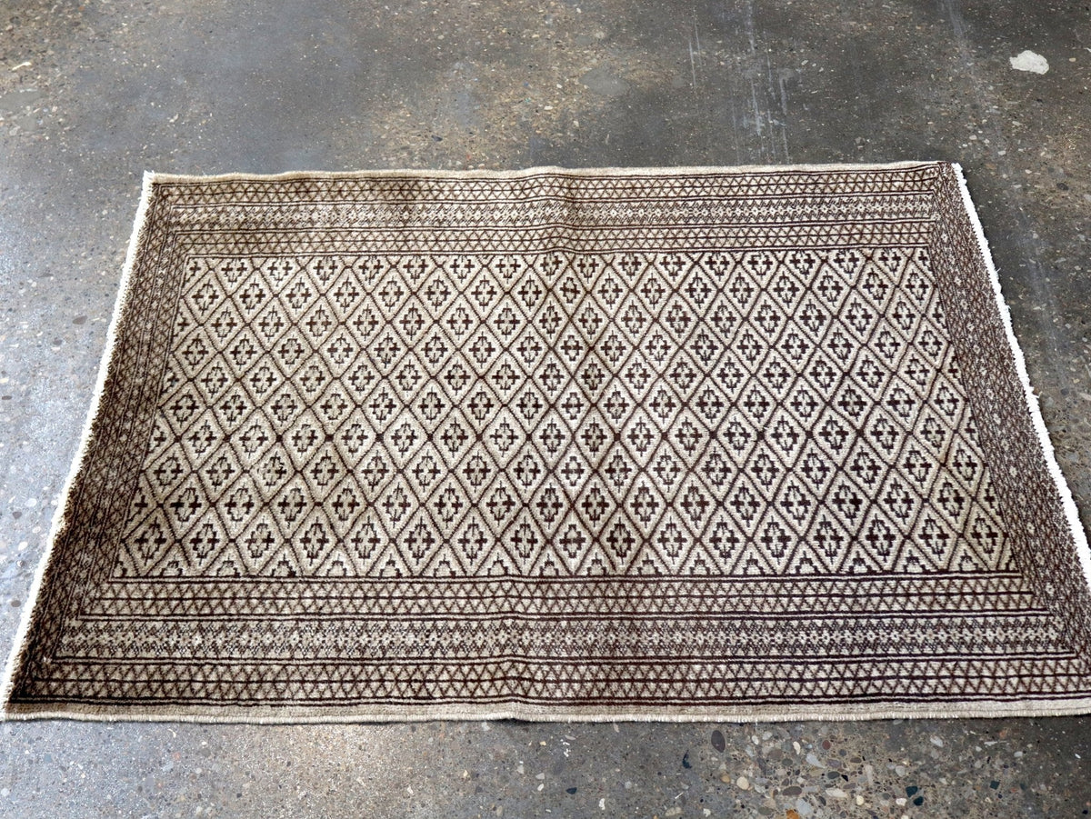 Persian Turkmen Rug — Ivory & Espresso Diamond Lattice | 3'3" × 4'5"
