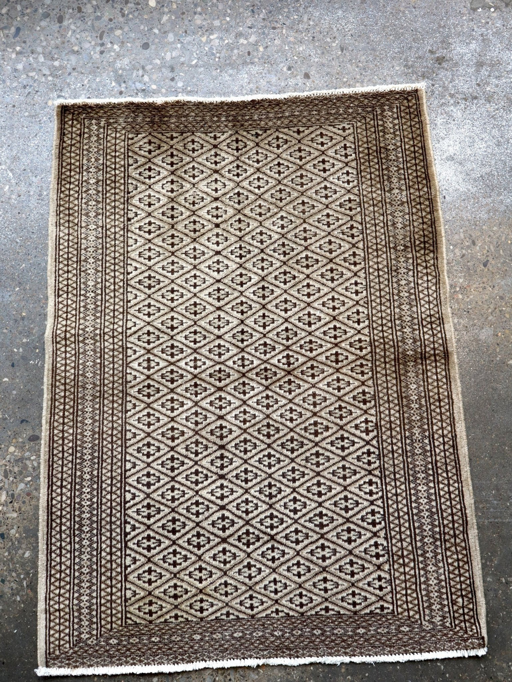 Persian Turkmen Rug — Ivory & Espresso Diamond Lattice | 3'3" × 4'5"