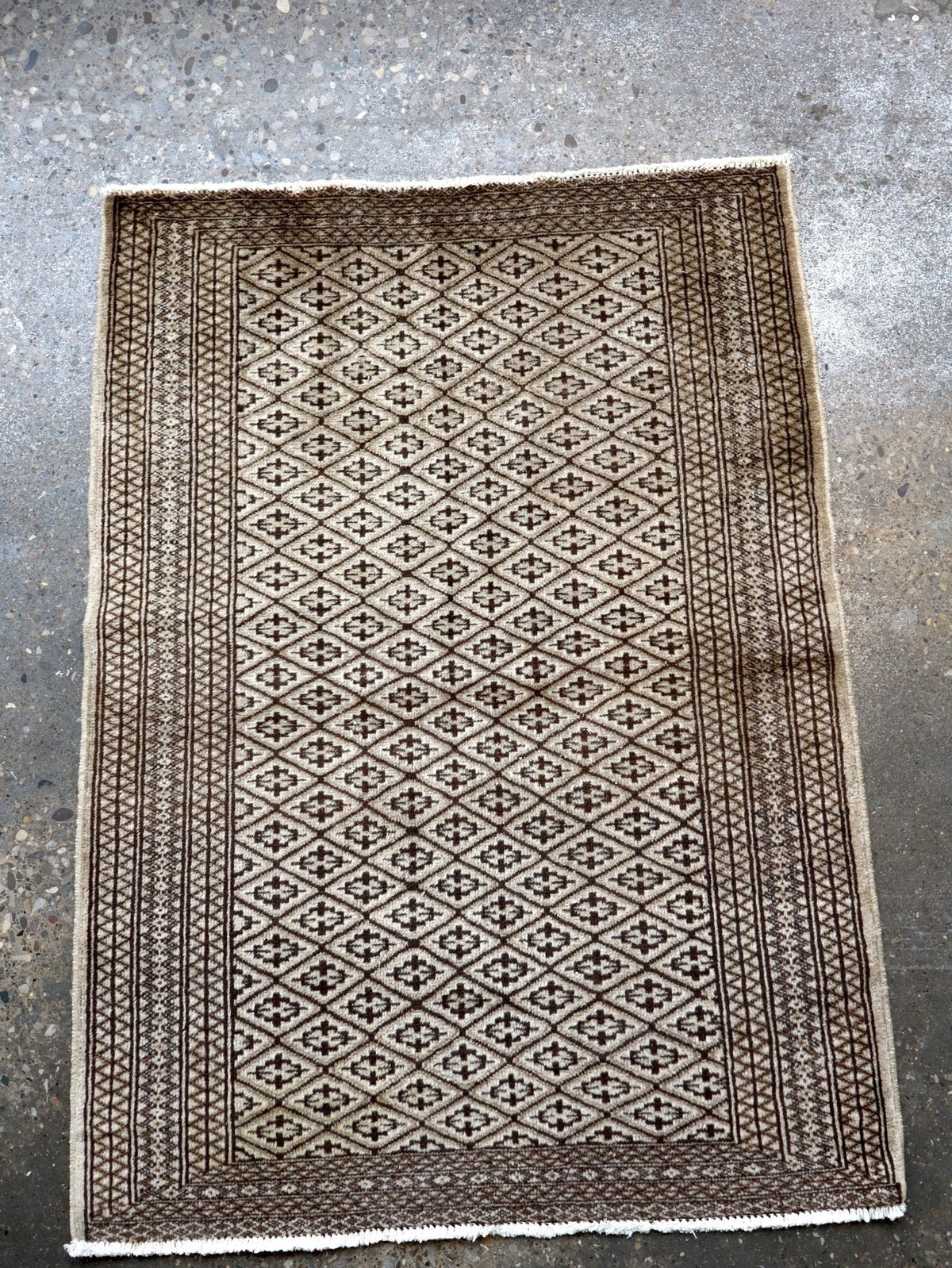 Persian Turkmen Rug — Ivory & Espresso Diamond Lattice | 3'3" × 4'5"