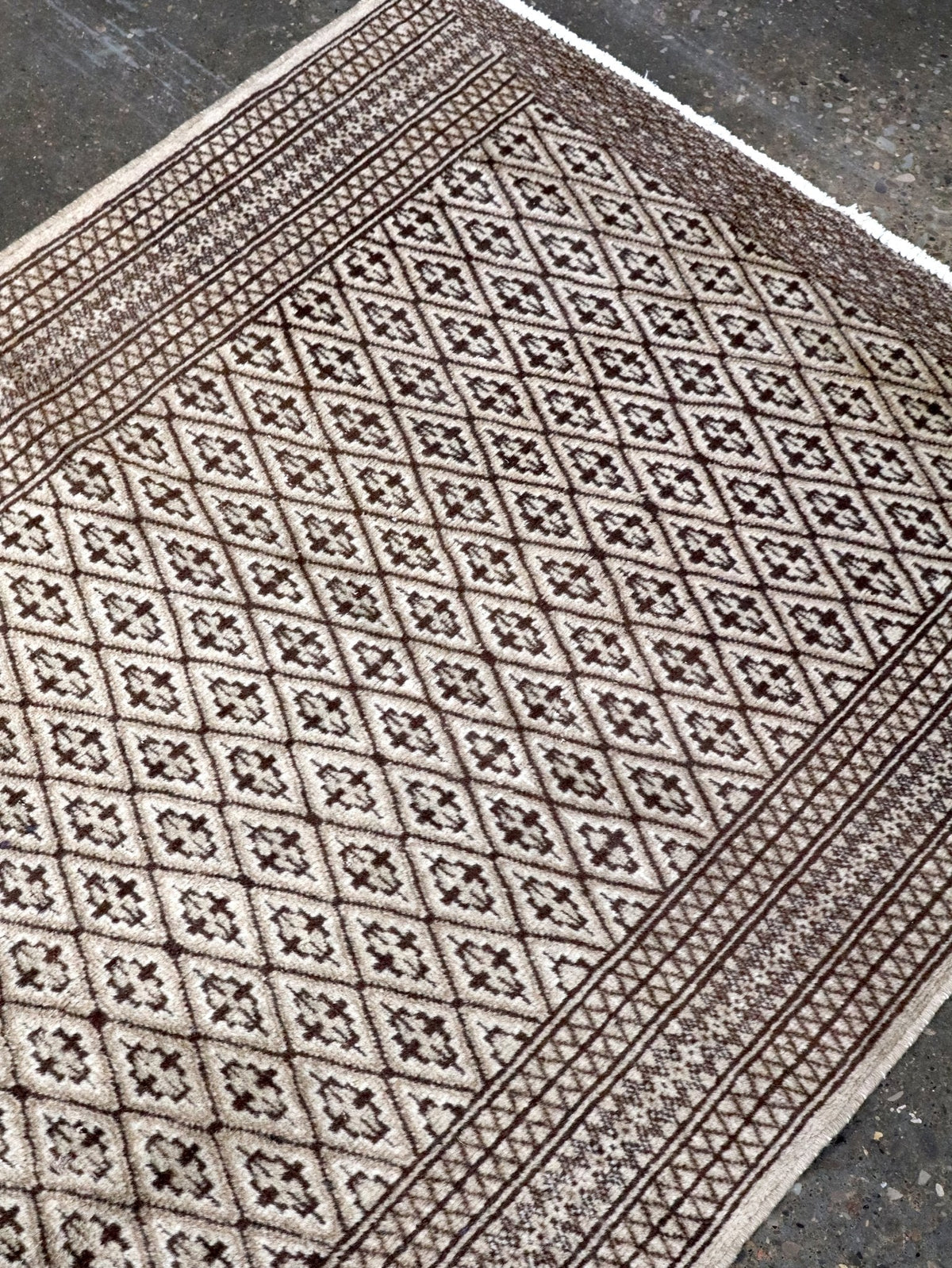 Persian Turkmen Rug — Ivory & Espresso Diamond Lattice | 3'3" × 4'5"