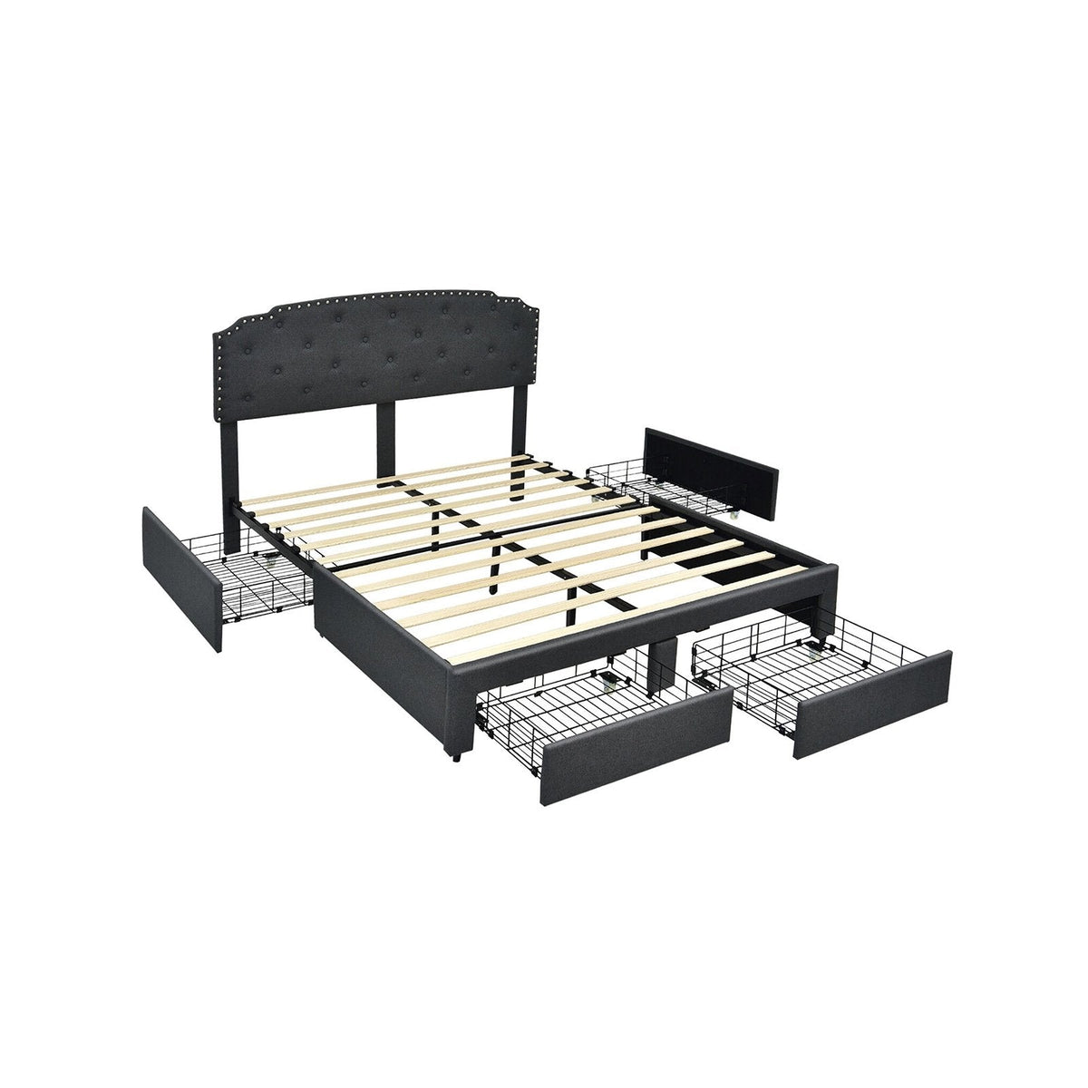 Full Size Upholstered Storage Bed with 4 Drawers and Height Adjustable Headboard, Grey