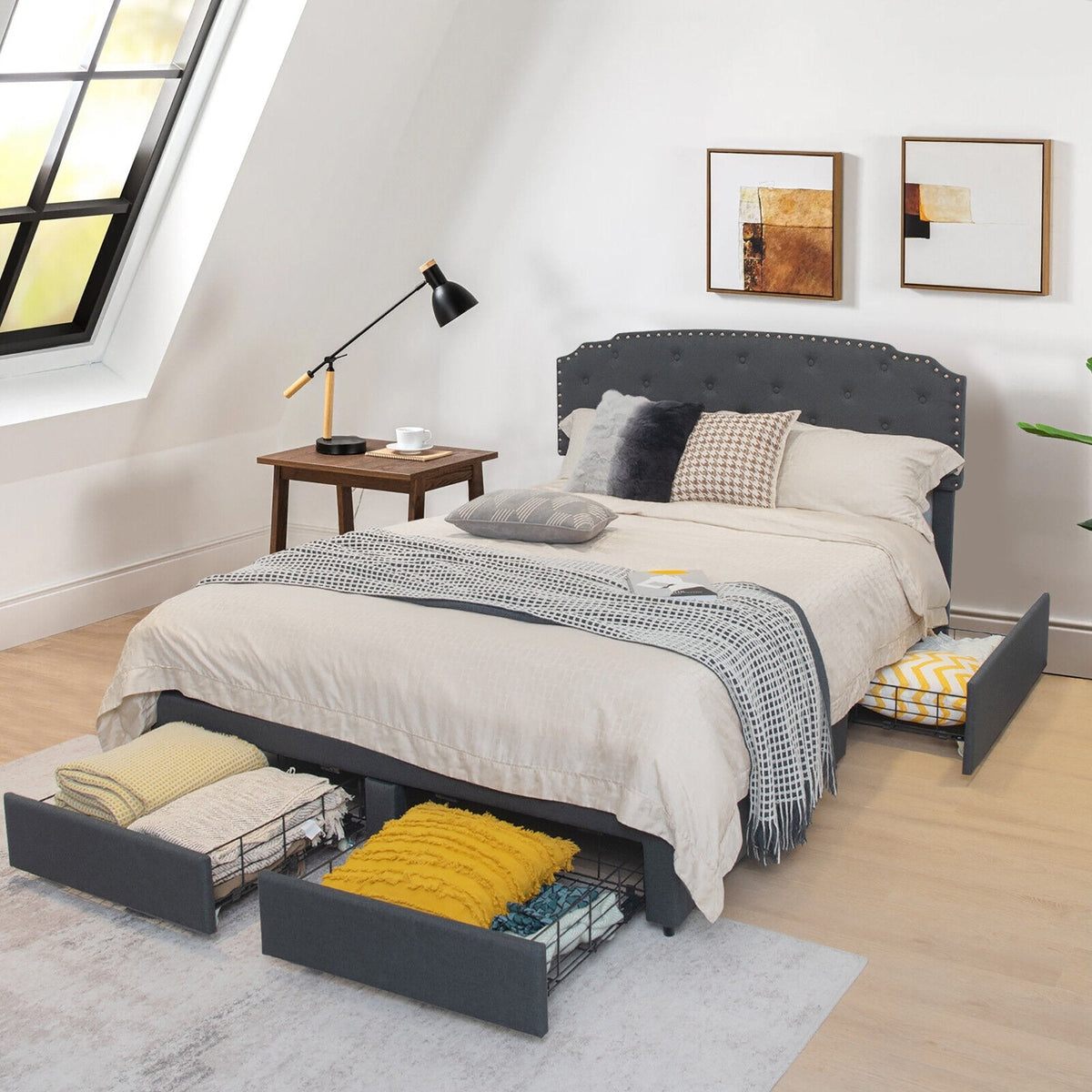Full Size Upholstered Storage Bed with 4 Drawers and Height Adjustable Headboard, Grey