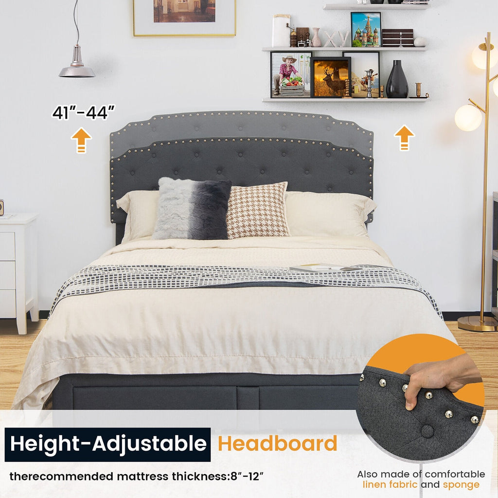 Full Size Upholstered Storage Bed with 4 Drawers and Height Adjustable Headboard, Grey
