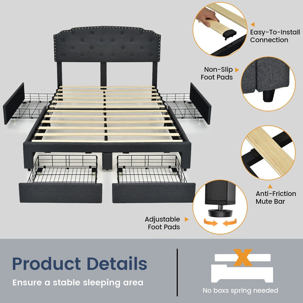 Full Size Upholstered Storage Bed with 4 Drawers and Height Adjustable Headboard, Grey