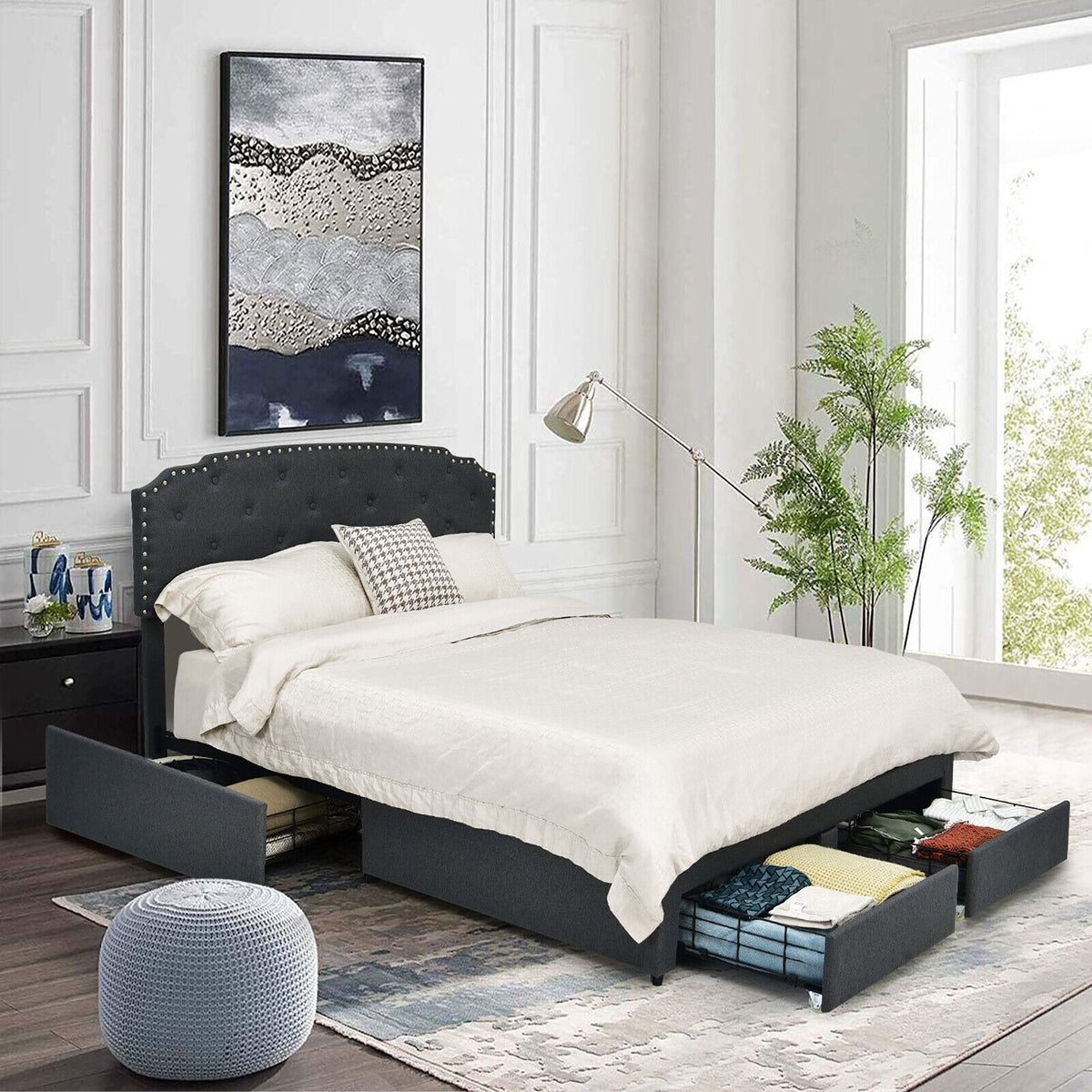 Full Size Upholstered Storage Bed with 4 Drawers and Height Adjustable Headboard, Grey