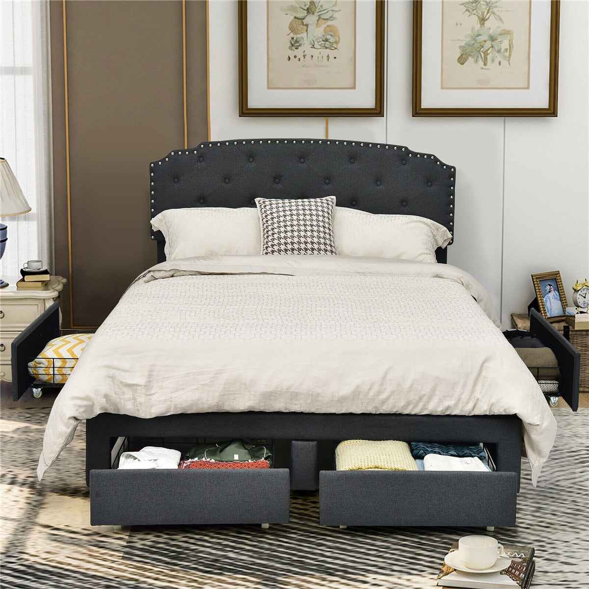 Full Size Upholstered Storage Bed with 4 Drawers and Height Adjustable Headboard, Grey