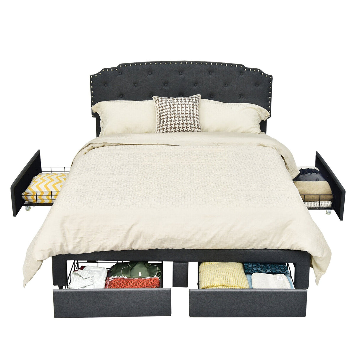 Full Size Upholstered Storage Bed with 4 Drawers and Height Adjustable Headboard, Grey