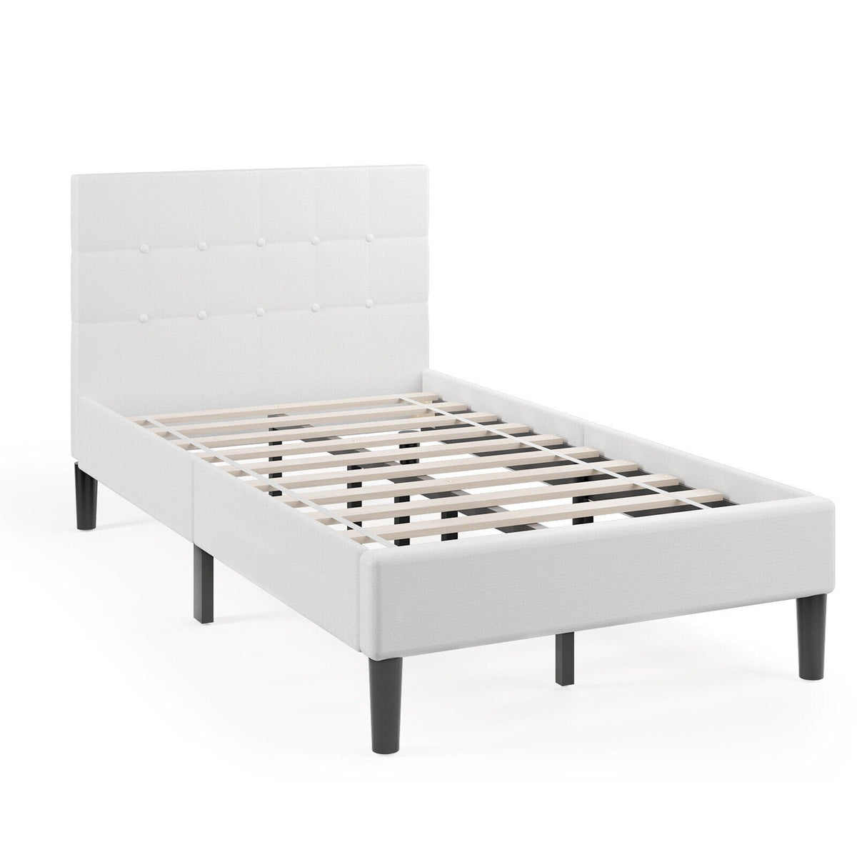 Lit plateforme simple rembourré avec tête de lit capitonnée carrée et 10 lattes en bois