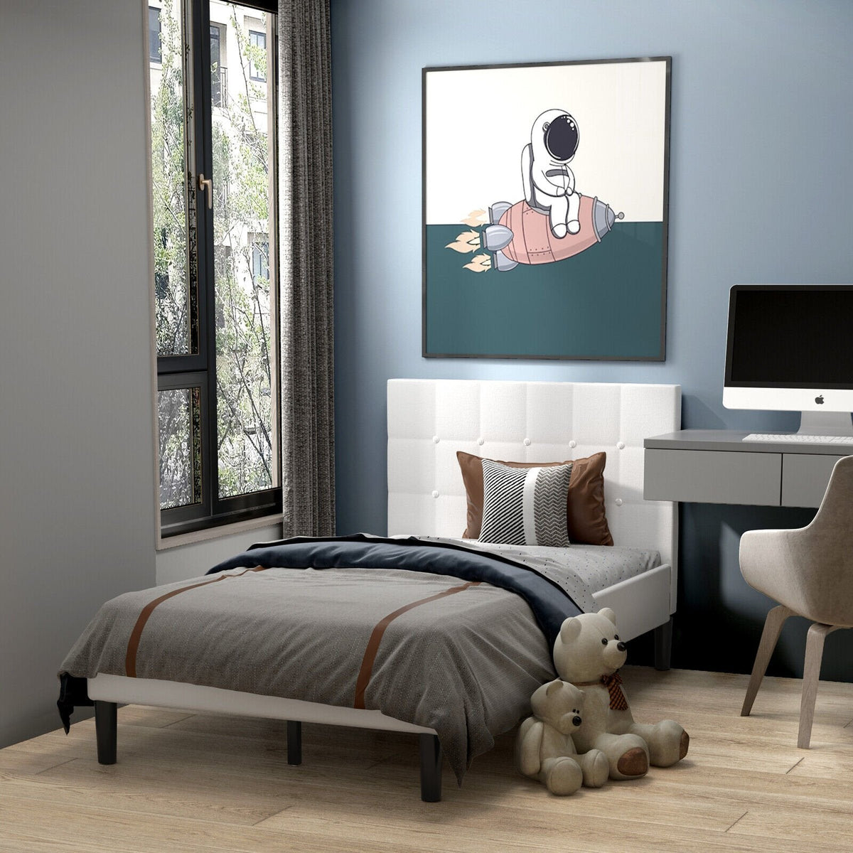 Lit plateforme simple rembourré avec tête de lit capitonnée carrée et 10 lattes en bois