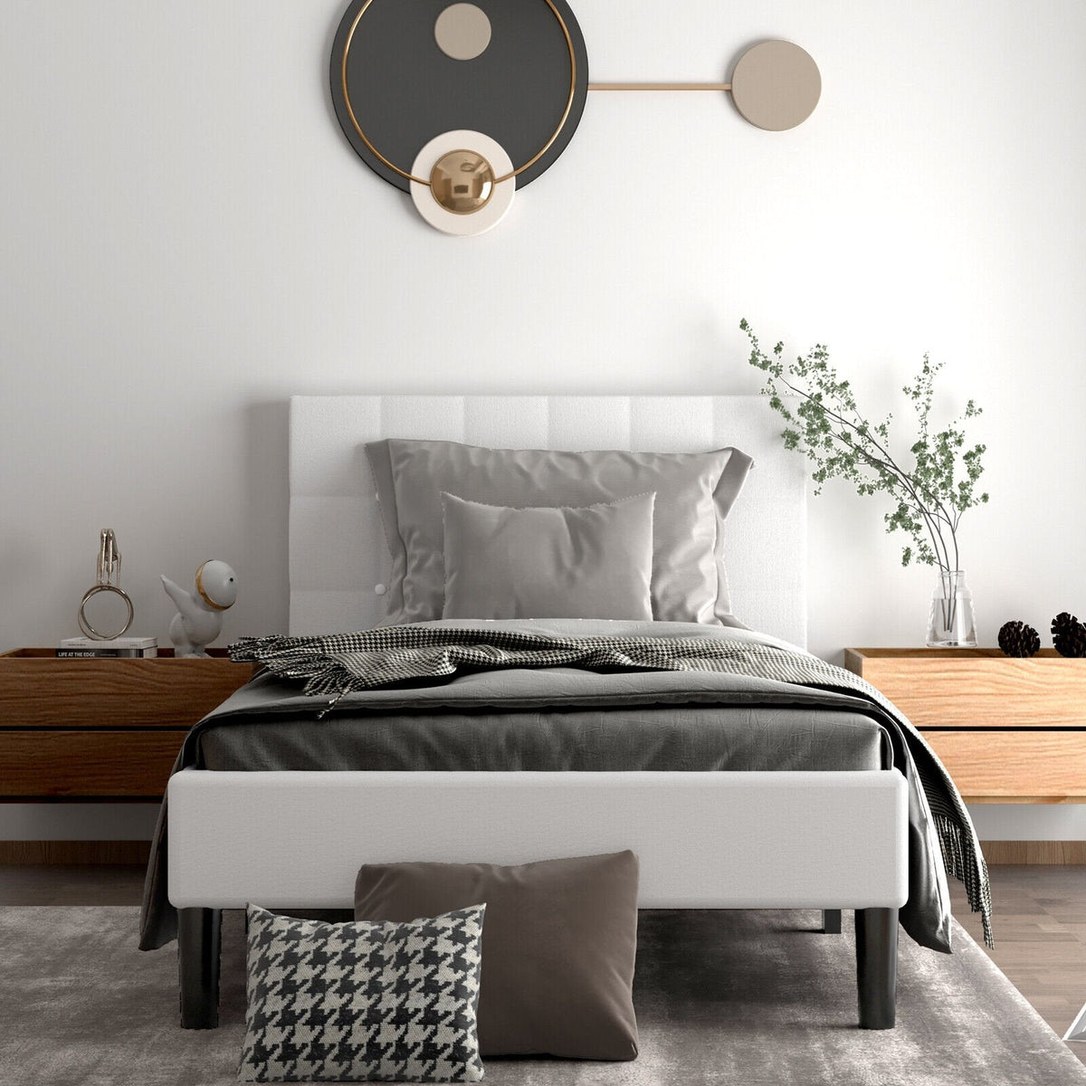 Lit plateforme simple rembourré avec tête de lit capitonnée carrée et 10 lattes en bois
