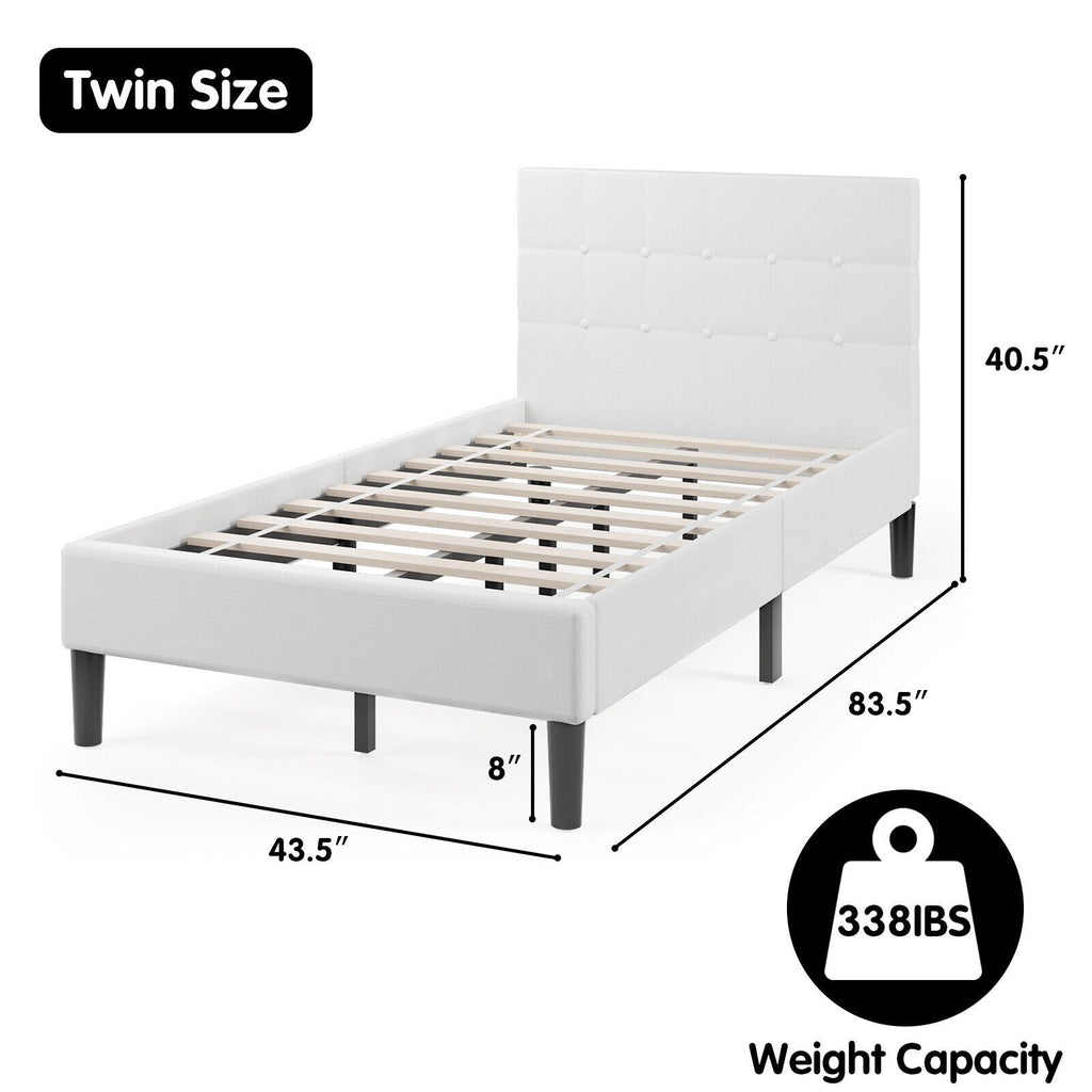 Lit plateforme simple rembourré avec tête de lit capitonnée carrée et 10 lattes en bois