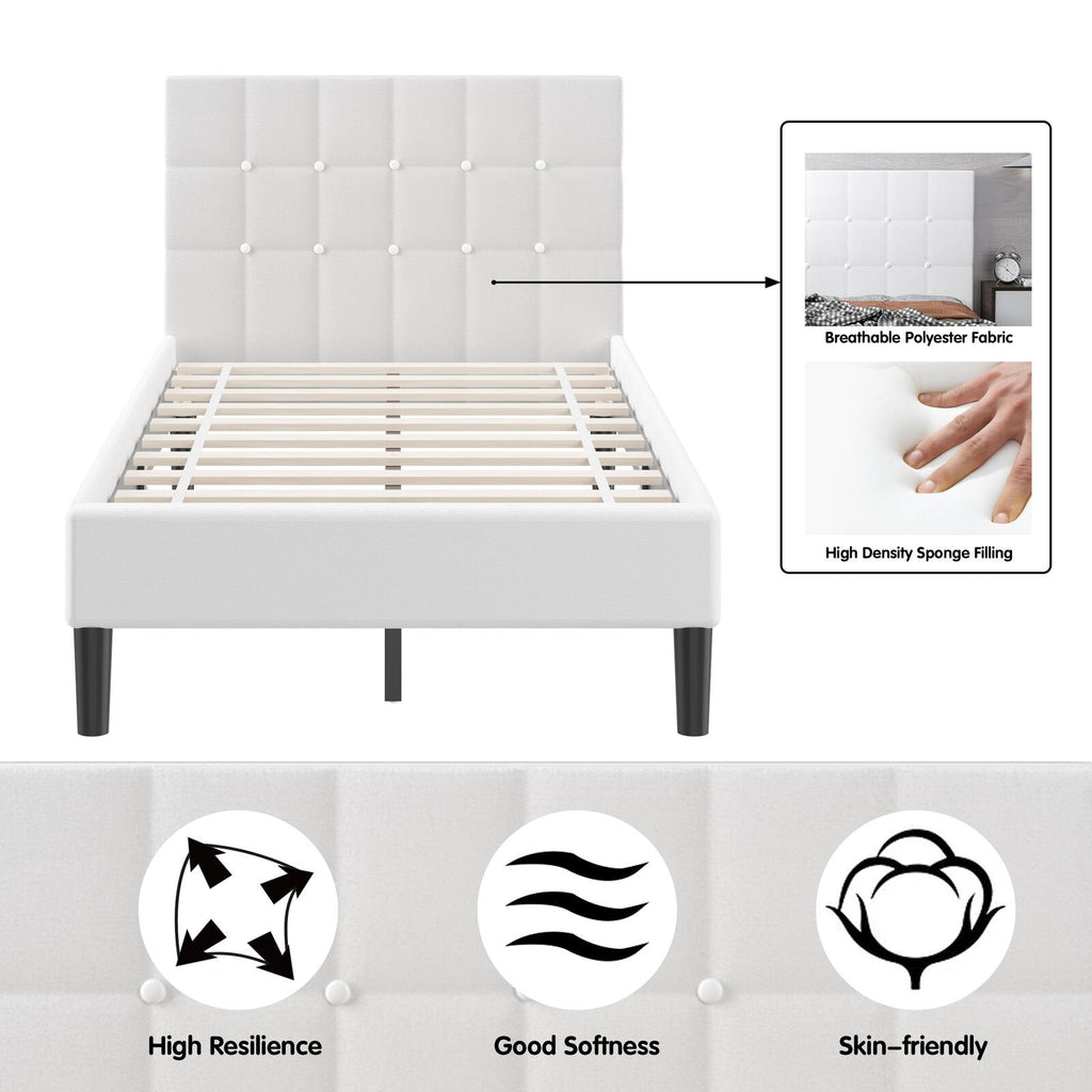 Lit plateforme simple rembourré avec tête de lit capitonnée carrée et 10 lattes en bois