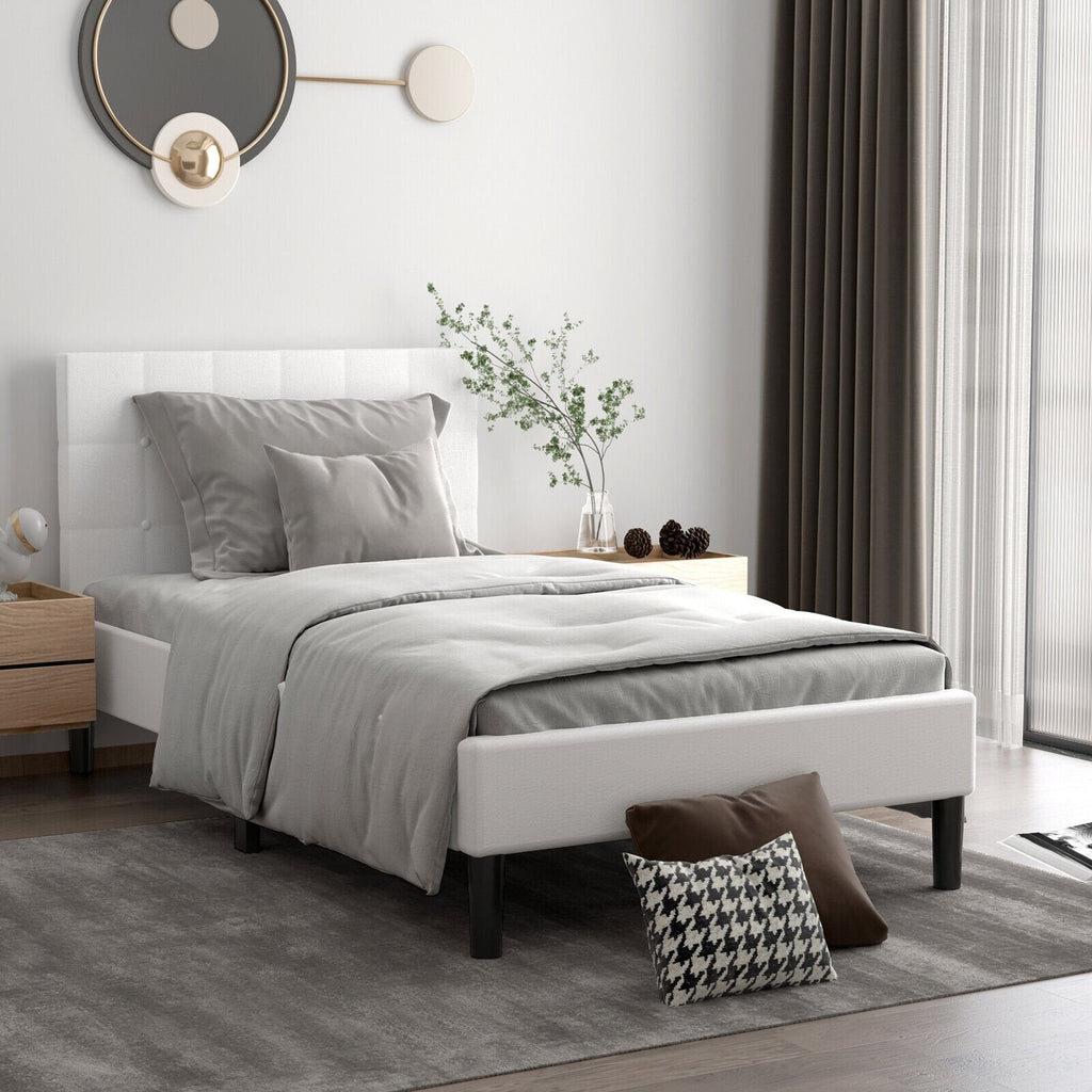 Lit plateforme simple rembourré avec tête de lit capitonnée carrée et 10 lattes en bois
