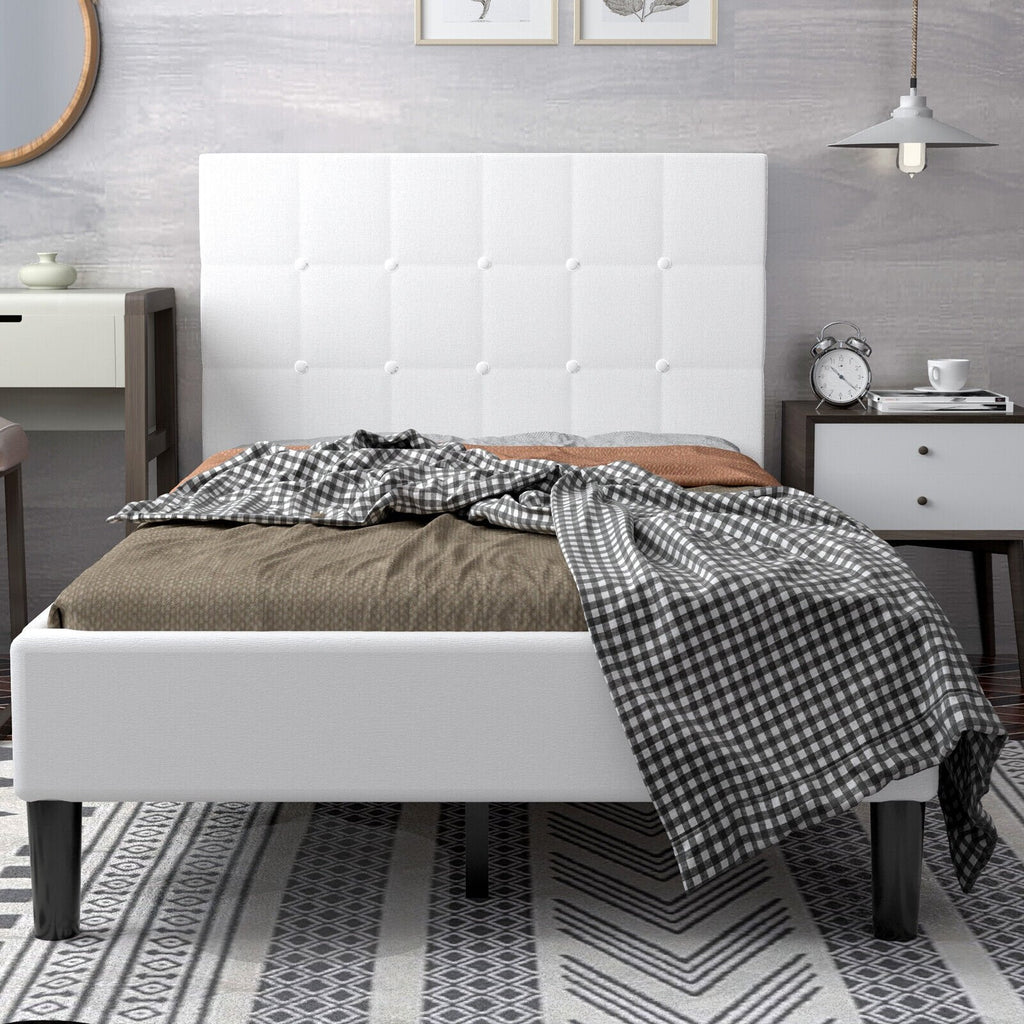 Lit plateforme simple rembourré avec tête de lit capitonnée carrée et 10 lattes en bois