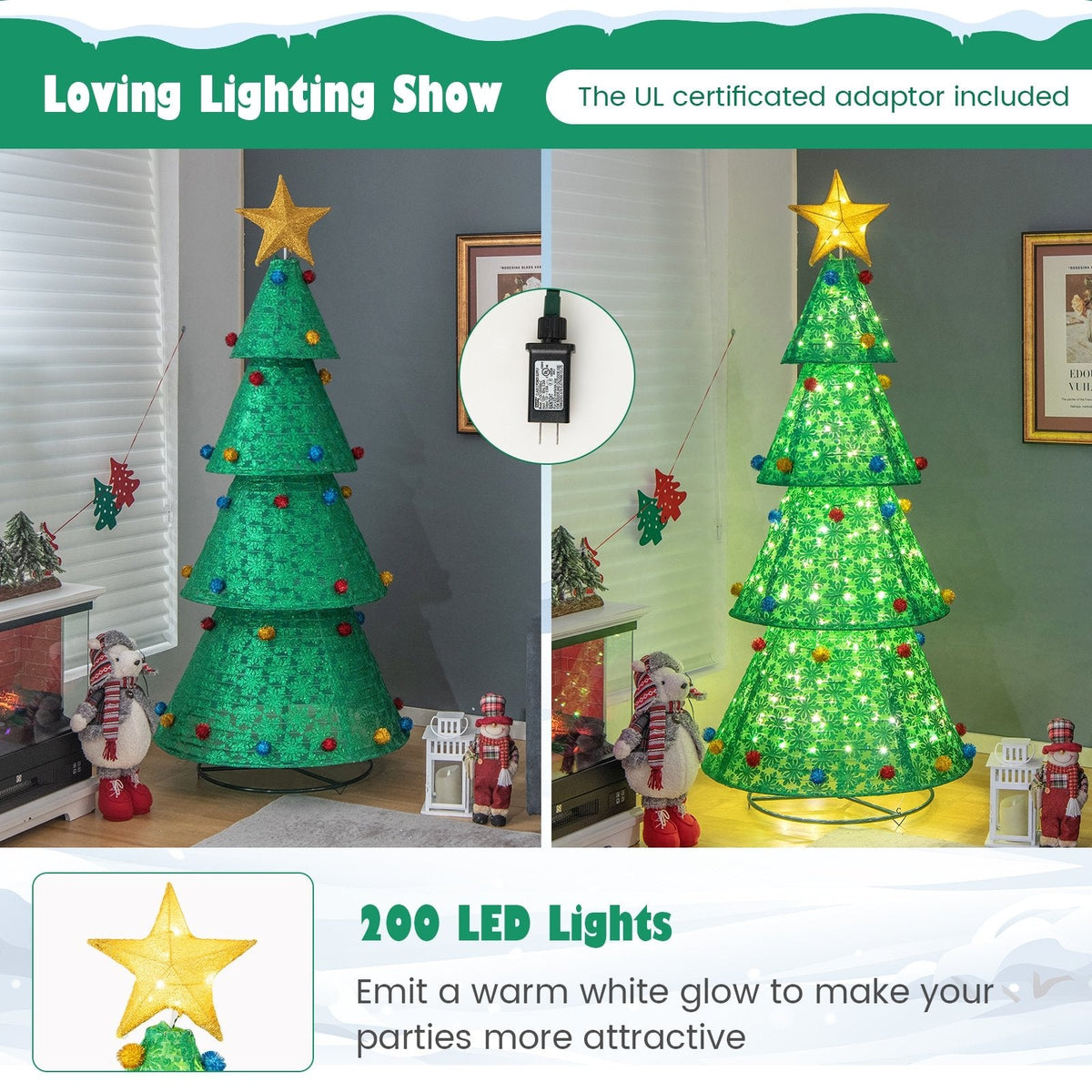 Sapin de Noël escamotable de 1,98 m avec 200 LED blanc chaud, pour l’intérieur ou l’extérieur