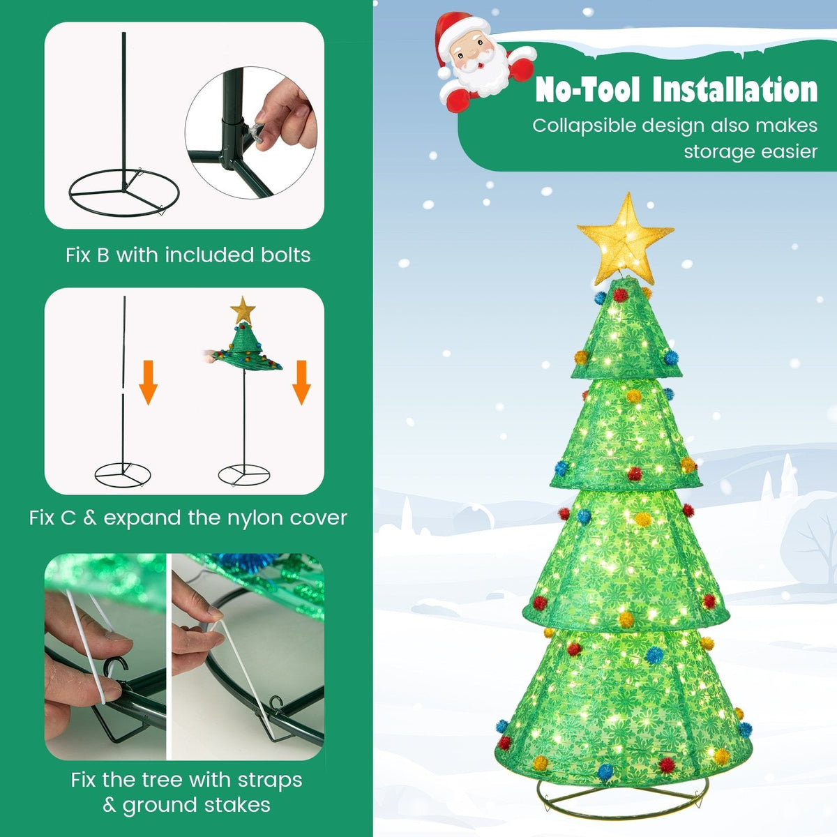 Sapin de Noël escamotable de 1,98 m avec 200 LED blanc chaud, pour l’intérieur ou l’extérieur