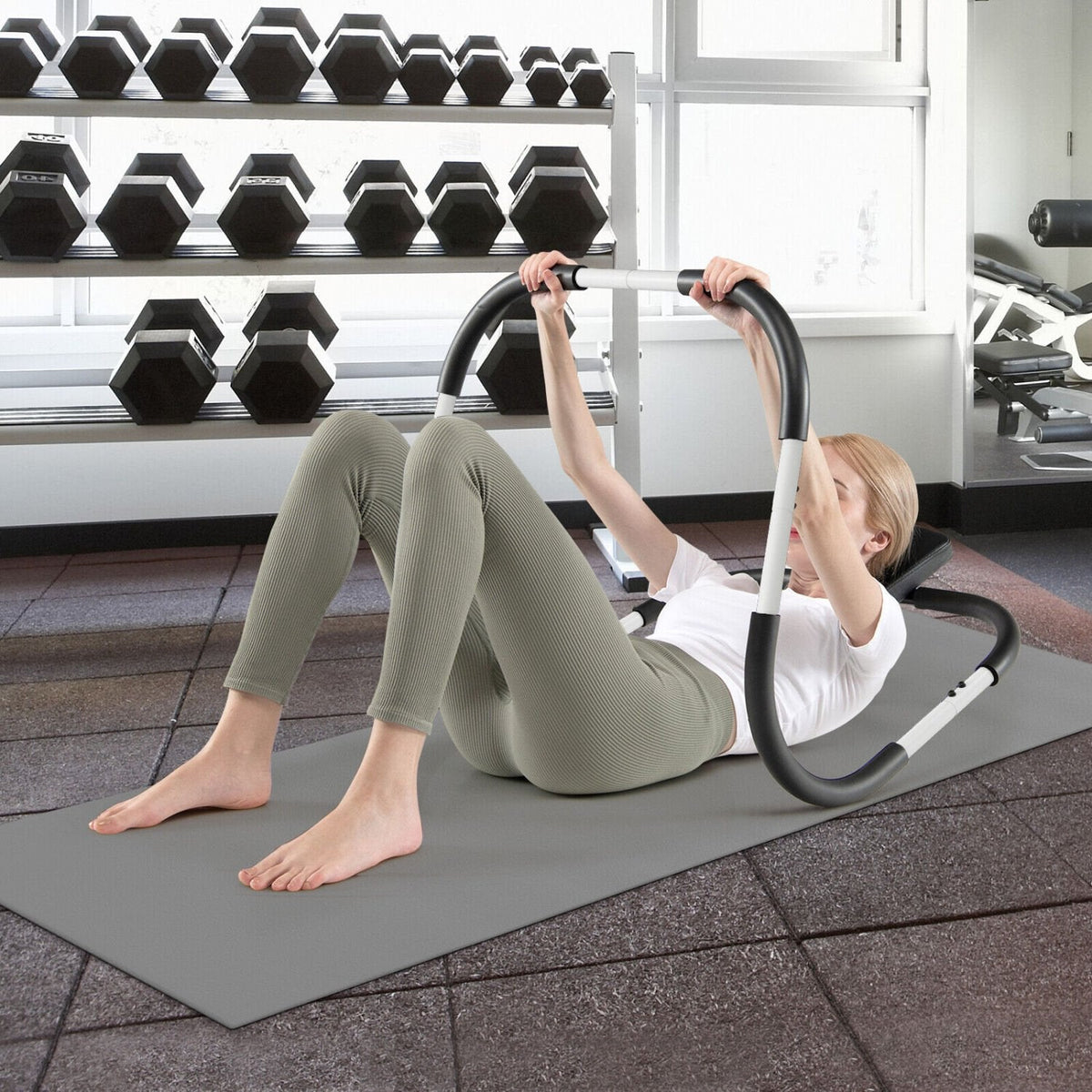 Tragbares Bauchmuskeltrainer-Gerät mit Nackenstütze und Schaumstoffgriffen für Büro und Heimfitness – Weiß
