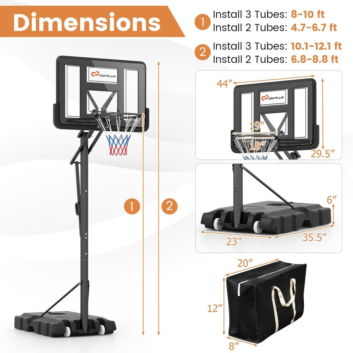 Mobiler Basketballkorb mit 10-stufiger Höhenverstellung von 4,6 bis 10 Fuß