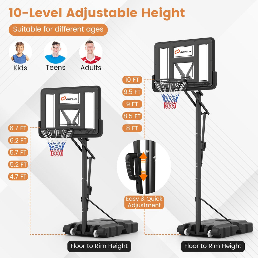 Mobiler Basketballkorb mit 10-stufiger Höhenverstellung von 4,6 bis 10 Fuß