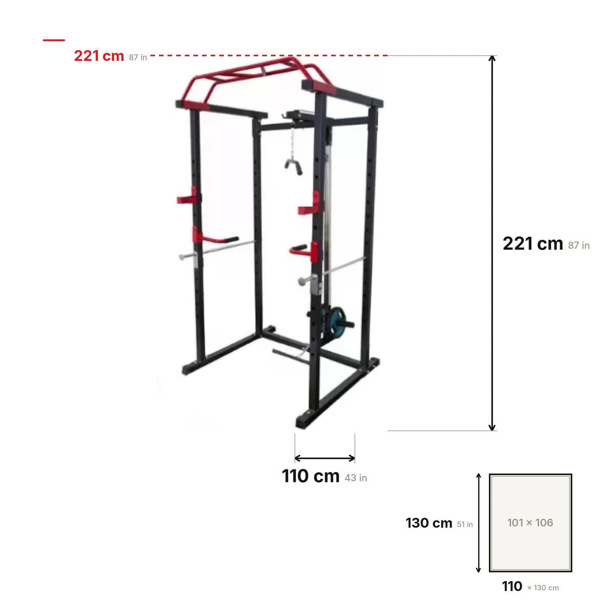 Power Rack avec barres de sécurité et plus de 10 accessoires