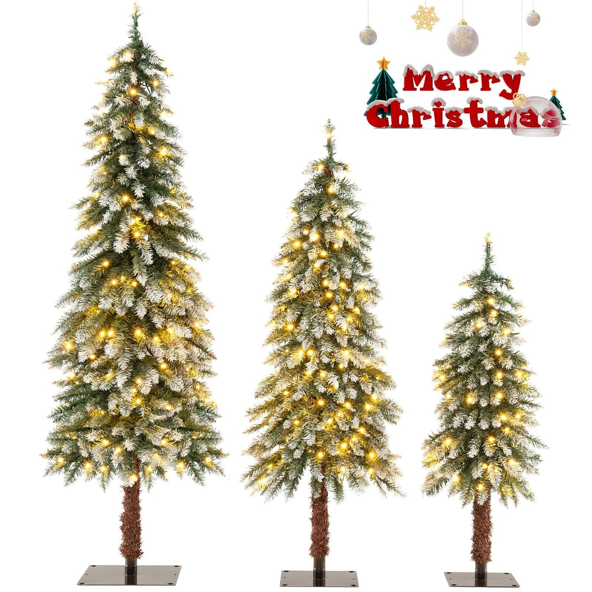 Set de 3 árboles de Navidad delgados con nieve y luces preinstaladas, de 3, 4 y 5 pies, con 300 luces LED de color blanco cálido