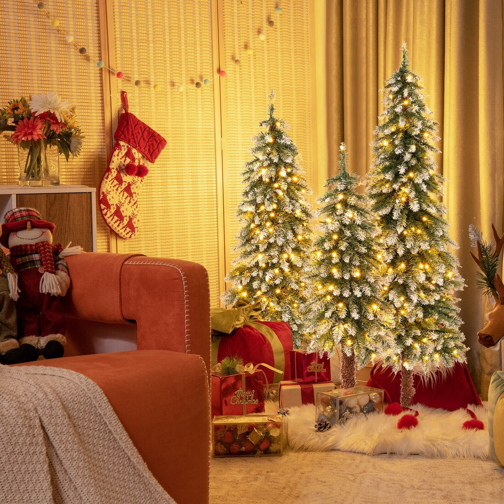 Set de 3 árboles de Navidad delgados con nieve y luces preinstaladas, de 3, 4 y 5 pies, con 300 luces LED de color blanco cálido