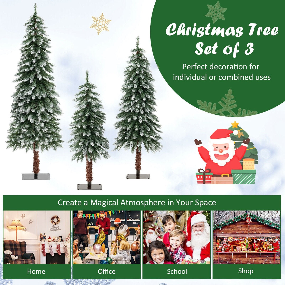 Set de 3 árboles de Navidad delgados con nieve y luces preinstaladas, de 3, 4 y 5 pies, con 300 luces LED de color blanco cálido