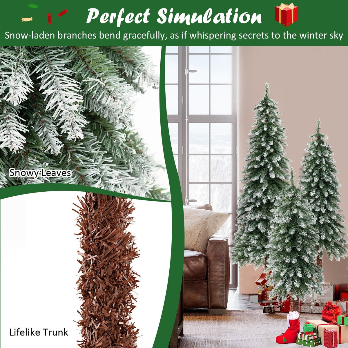 Set de 3 árboles de Navidad delgados con nieve y luces preinstaladas, de 3, 4 y 5 pies, con 300 luces LED de color blanco cálido