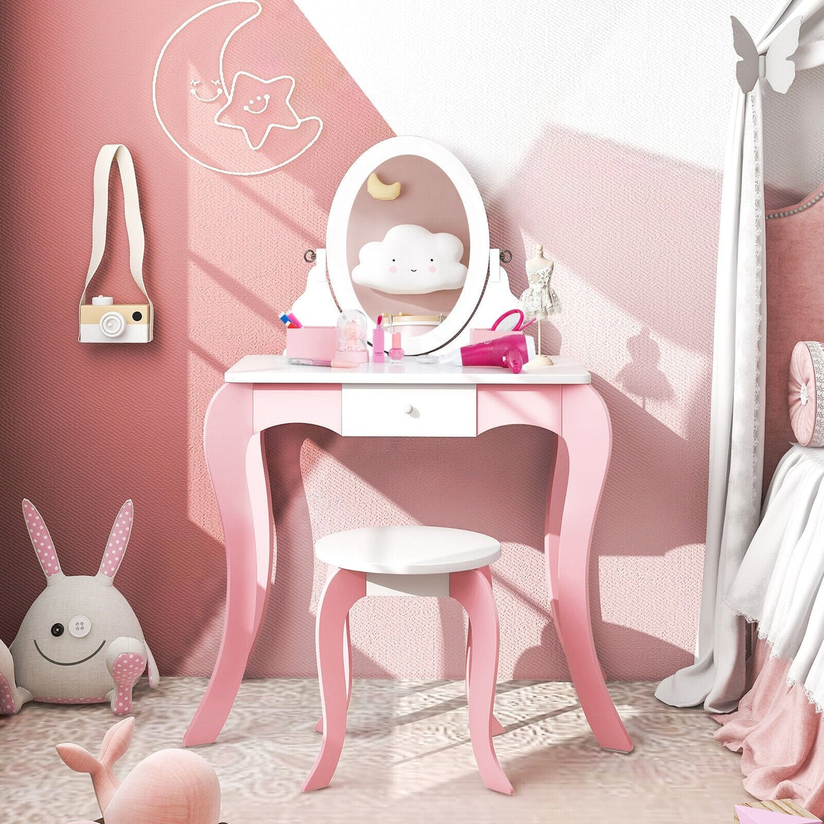 Coiffeuse pour enfants avec miroir rotatif à 360° et accessoires de jeu