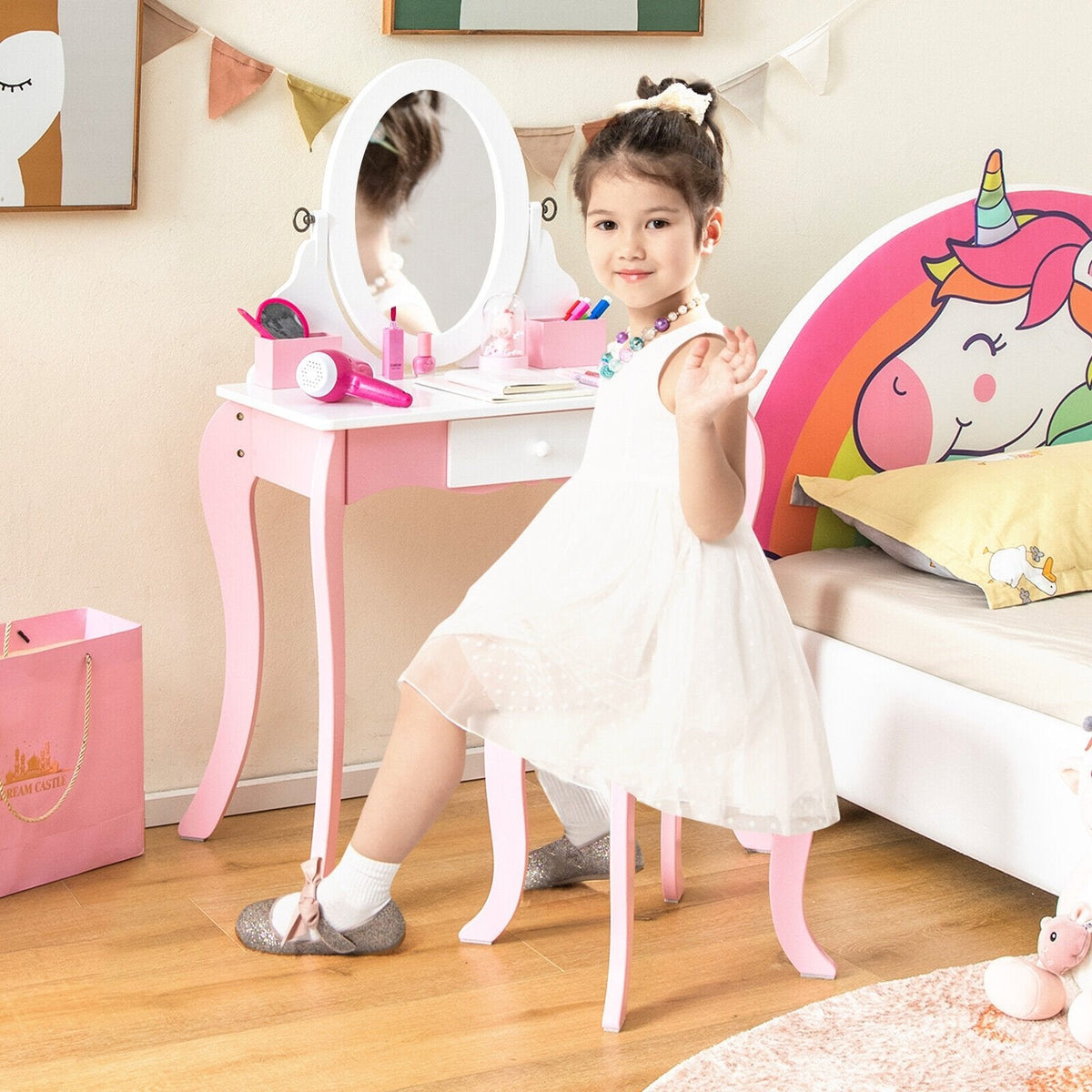 Coiffeuse pour enfants avec miroir rotatif à 360° et accessoires de jeu