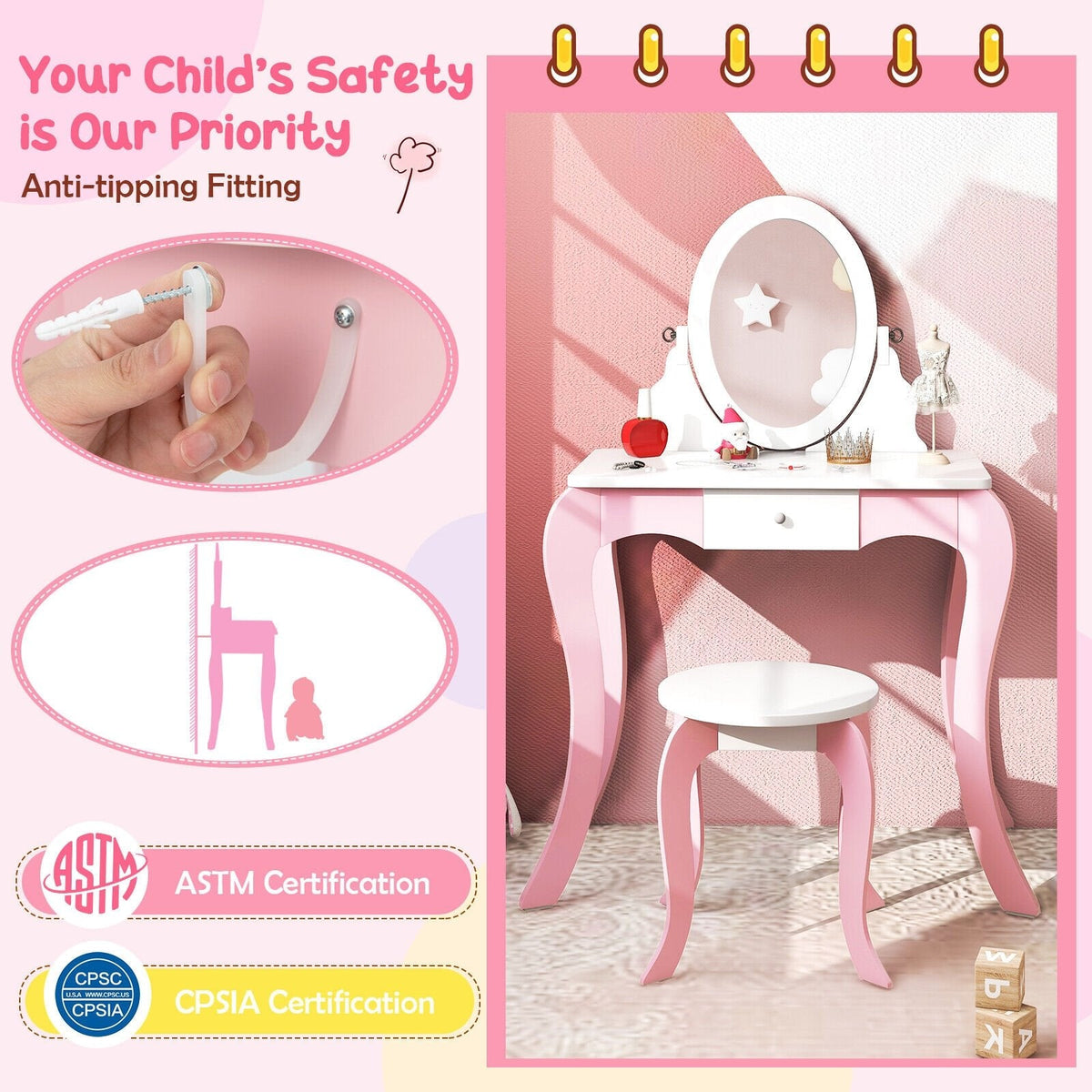 Coiffeuse pour enfants avec miroir rotatif à 360° et accessoires de jeu