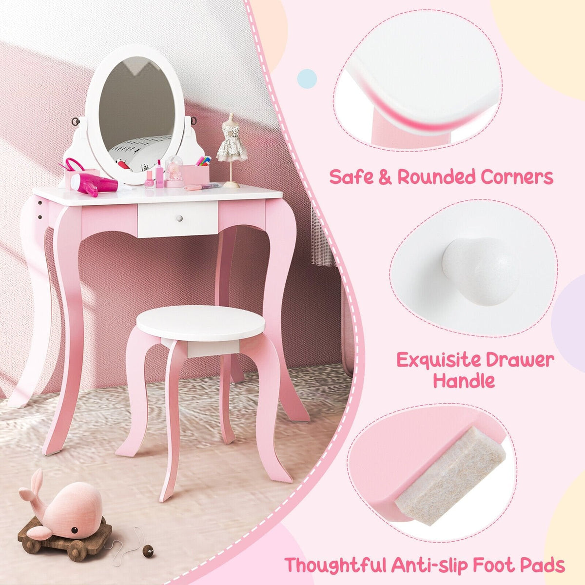 Coiffeuse pour enfants avec miroir rotatif à 360° et accessoires de jeu