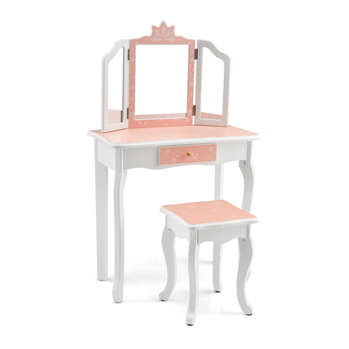 Tocador y silla de princesa con espejo de tres pliegues y estampado de copo de nieve - Rosa