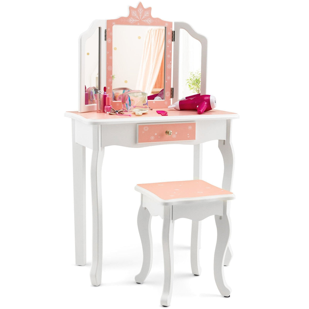 Tocador y silla de princesa con espejo de tres pliegues y estampado de copo de nieve - Rosa