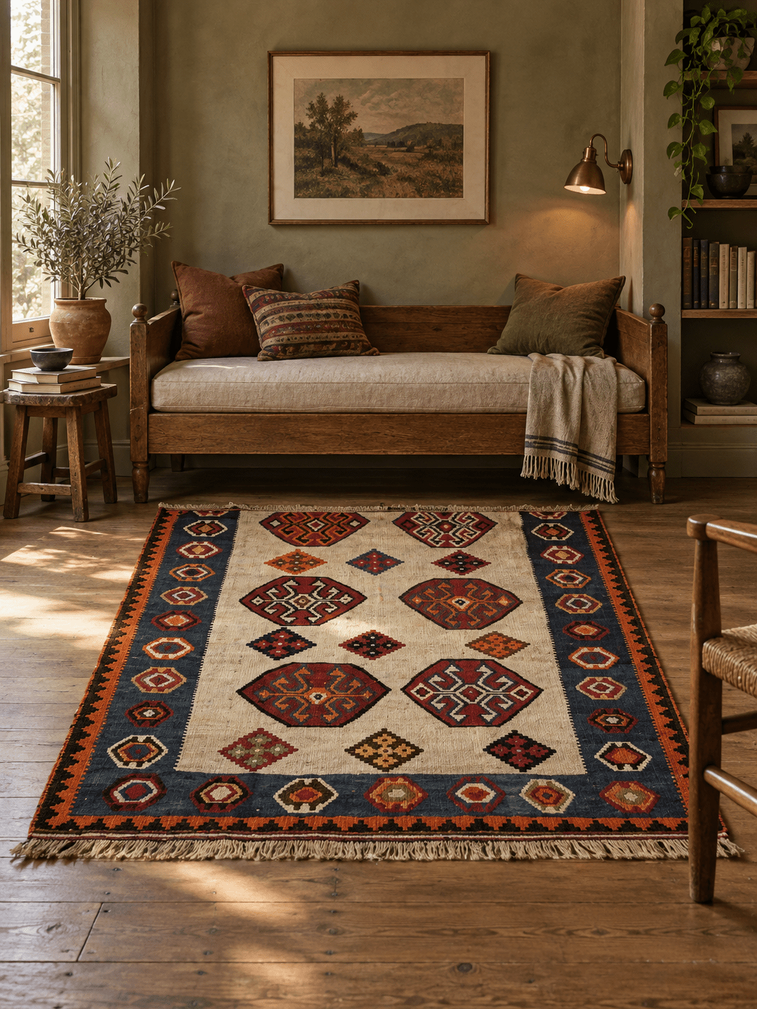 Qashqai Kilim — Jewel-Tone Scorpion Motifs on Ivory | 4'11" × 7'8"
