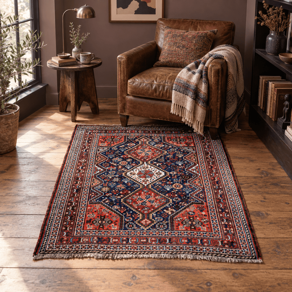 Qashqai Rug — Indigo Field & Jewel-Tone Diamonds | 4' × 5'1"