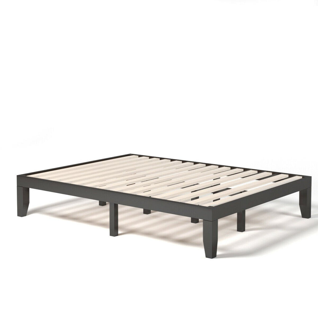 Queen Size 14 Inch Solid Wood Platform Bed Frame with 14 Bed Boards, Brown