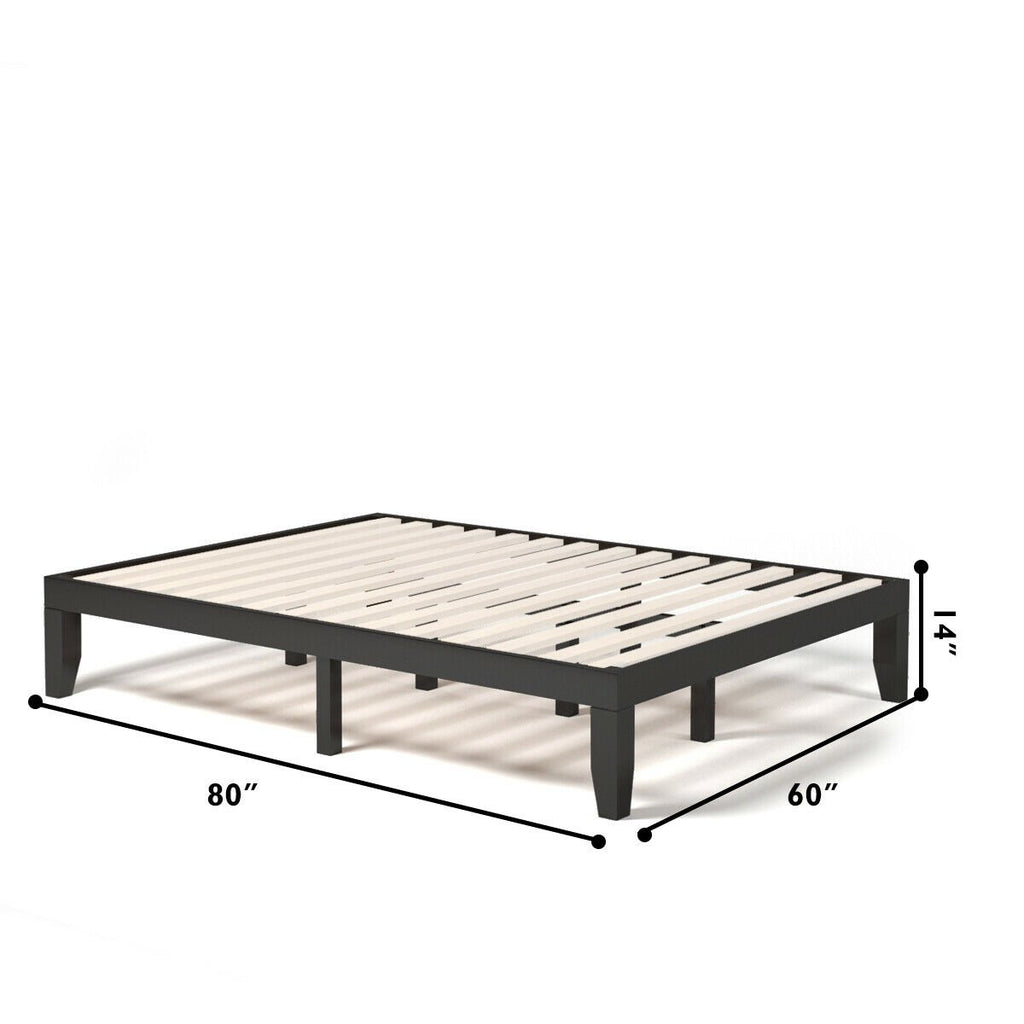 Queen Size 14 Inch Solid Wood Platform Bed Frame with 14 Bed Boards, Brown