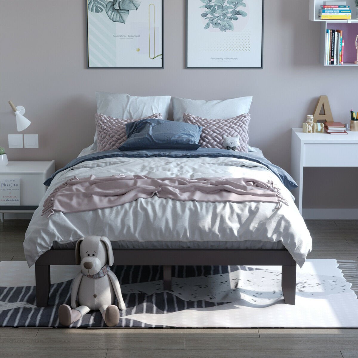 Queen Size 14 Inch Solid Wood Platform Bed Frame with 14 Bed Boards, Brown