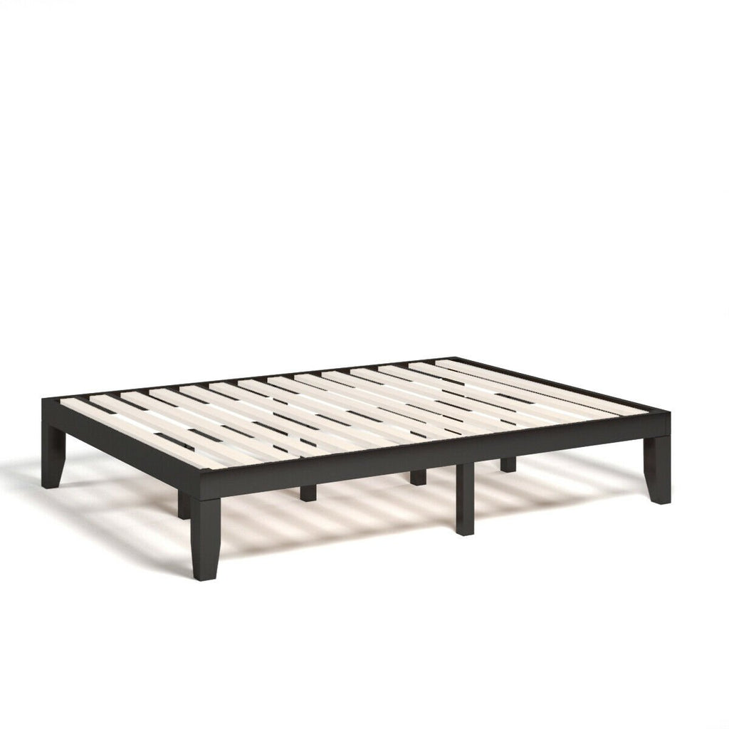 Queen Size 14 Inch Solid Wood Platform Bed Frame with 14 Bed Boards, Brown