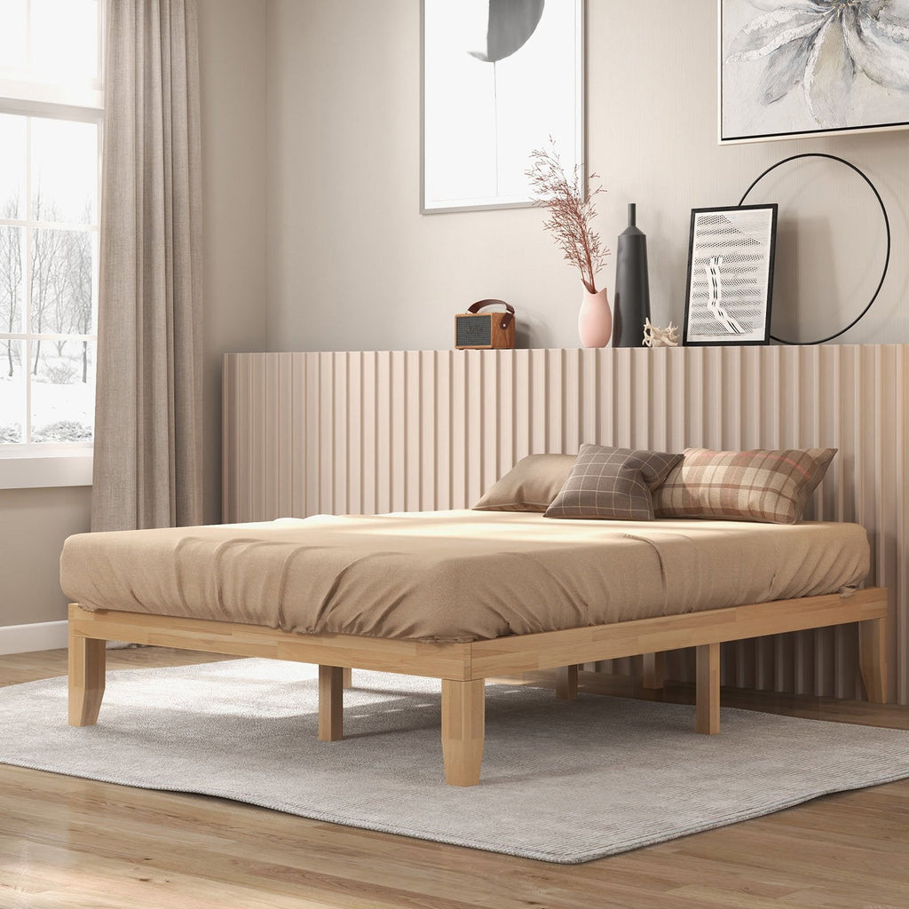 Estructura de cama de plataforma de madera maciza de 14 pulgadas tamaño Queen con 14 tablas de soporte, natural