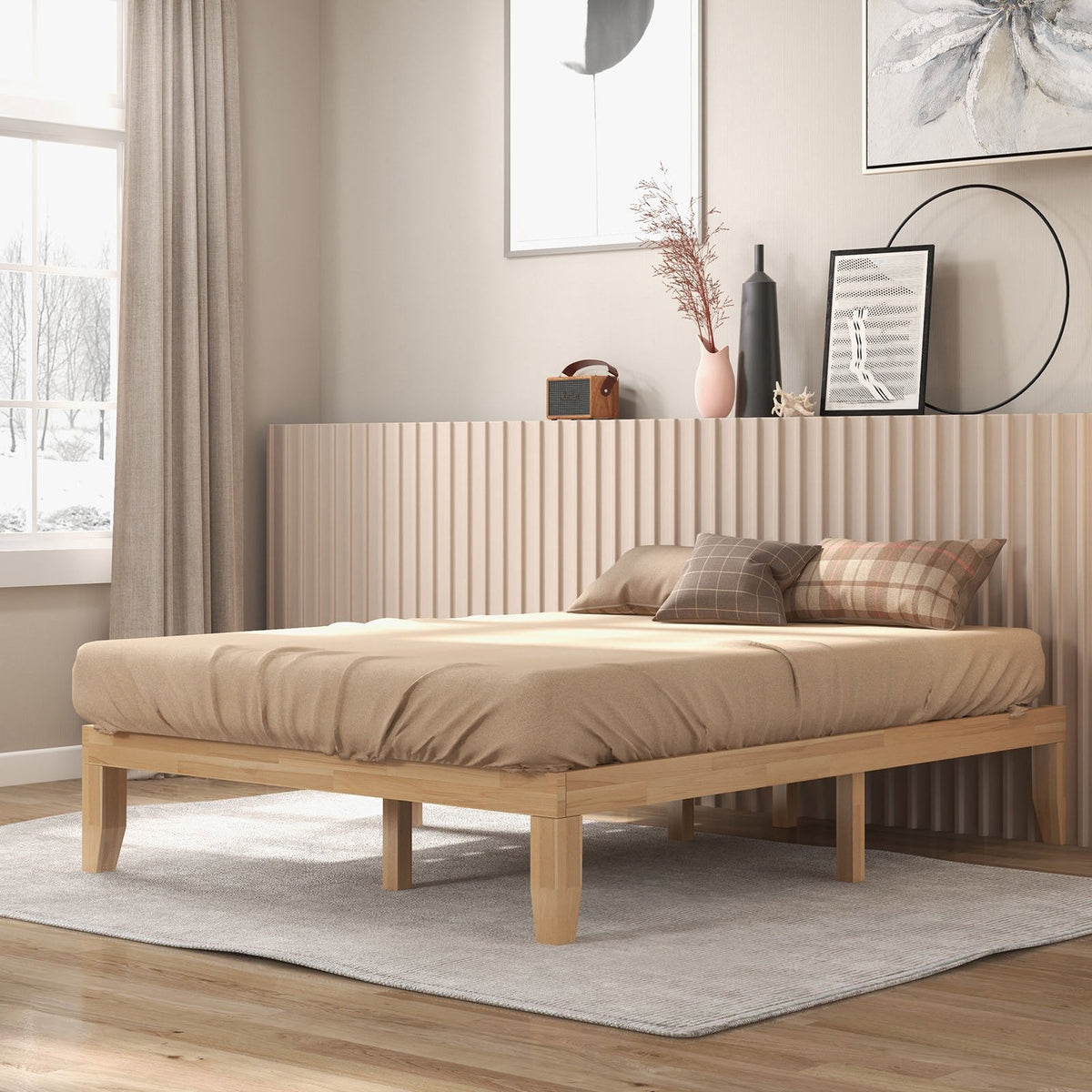 Estructura de cama de plataforma de madera maciza de 14 pulgadas tamaño Queen con 14 tablas de soporte, natural