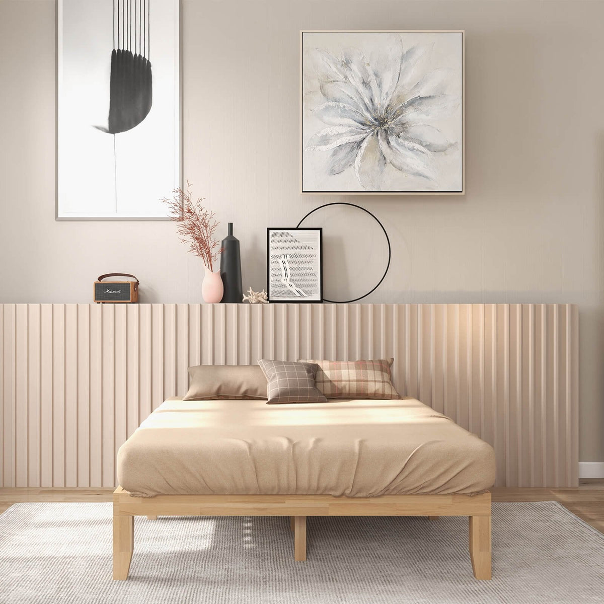 Estructura de cama de plataforma de madera maciza de 14 pulgadas tamaño Queen con 14 tablas de soporte, natural