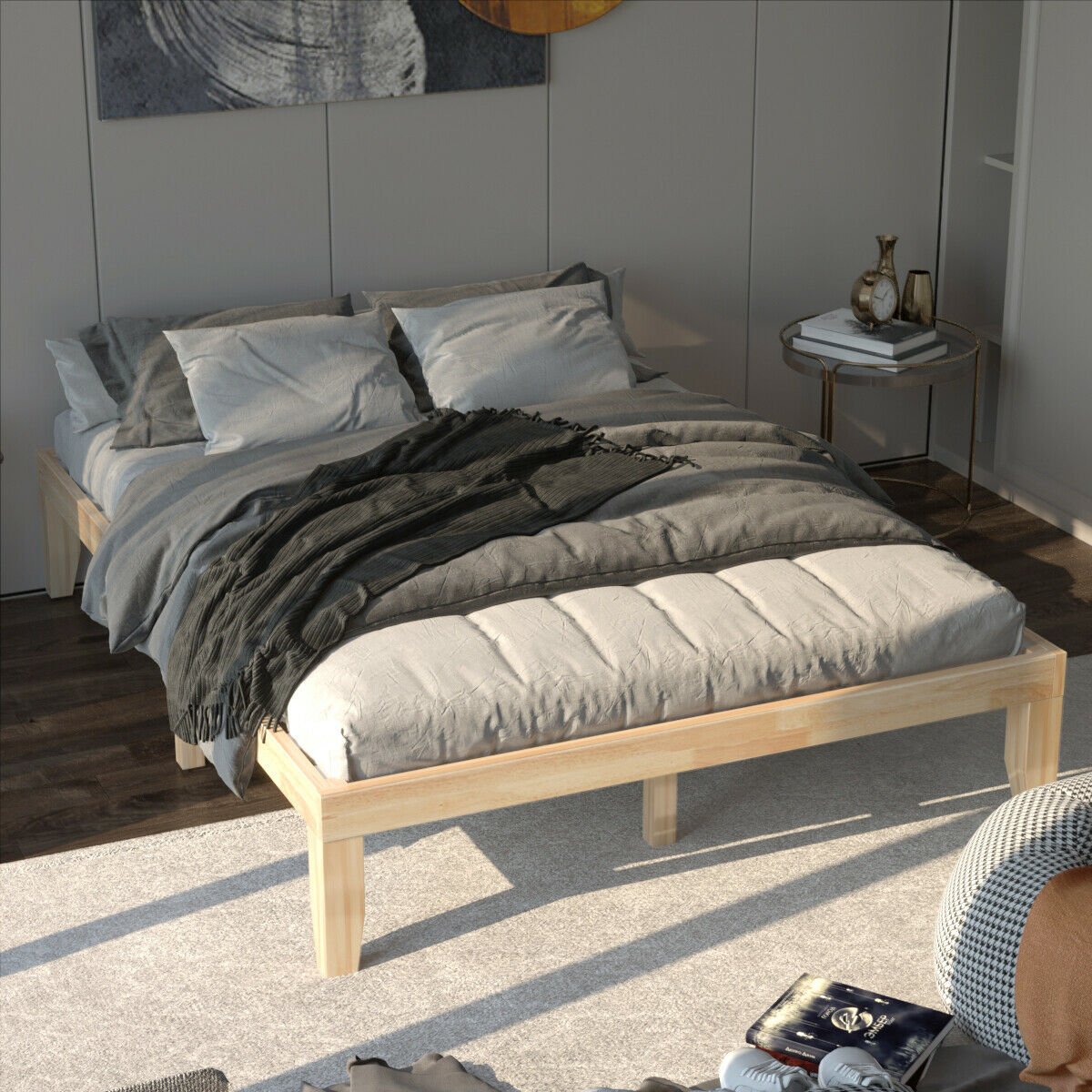 Estructura de cama de plataforma de madera maciza de 14 pulgadas tamaño Queen con 14 tablas de soporte, natural