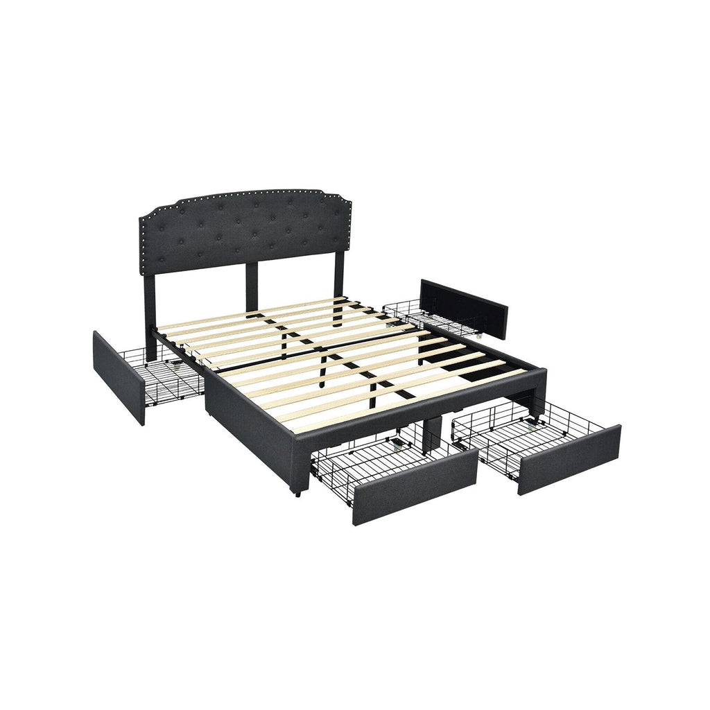 Cama tapizada Queen con almacenamiento, 4 cajones y cabecero de altura ajustable, gris